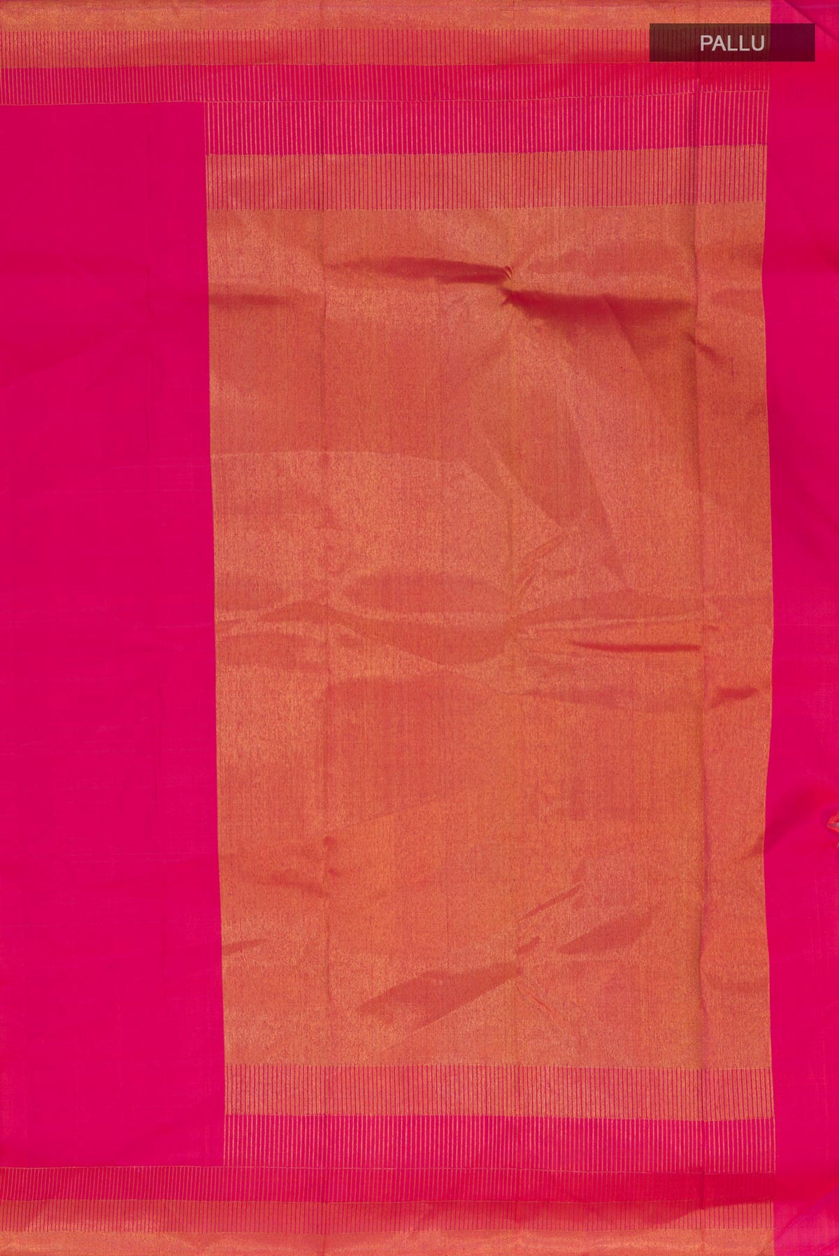 Close up image of the pallu of Pure Silk Pure Zari Pink Kanchipuram Saree with Plain Body and Zari Border. 