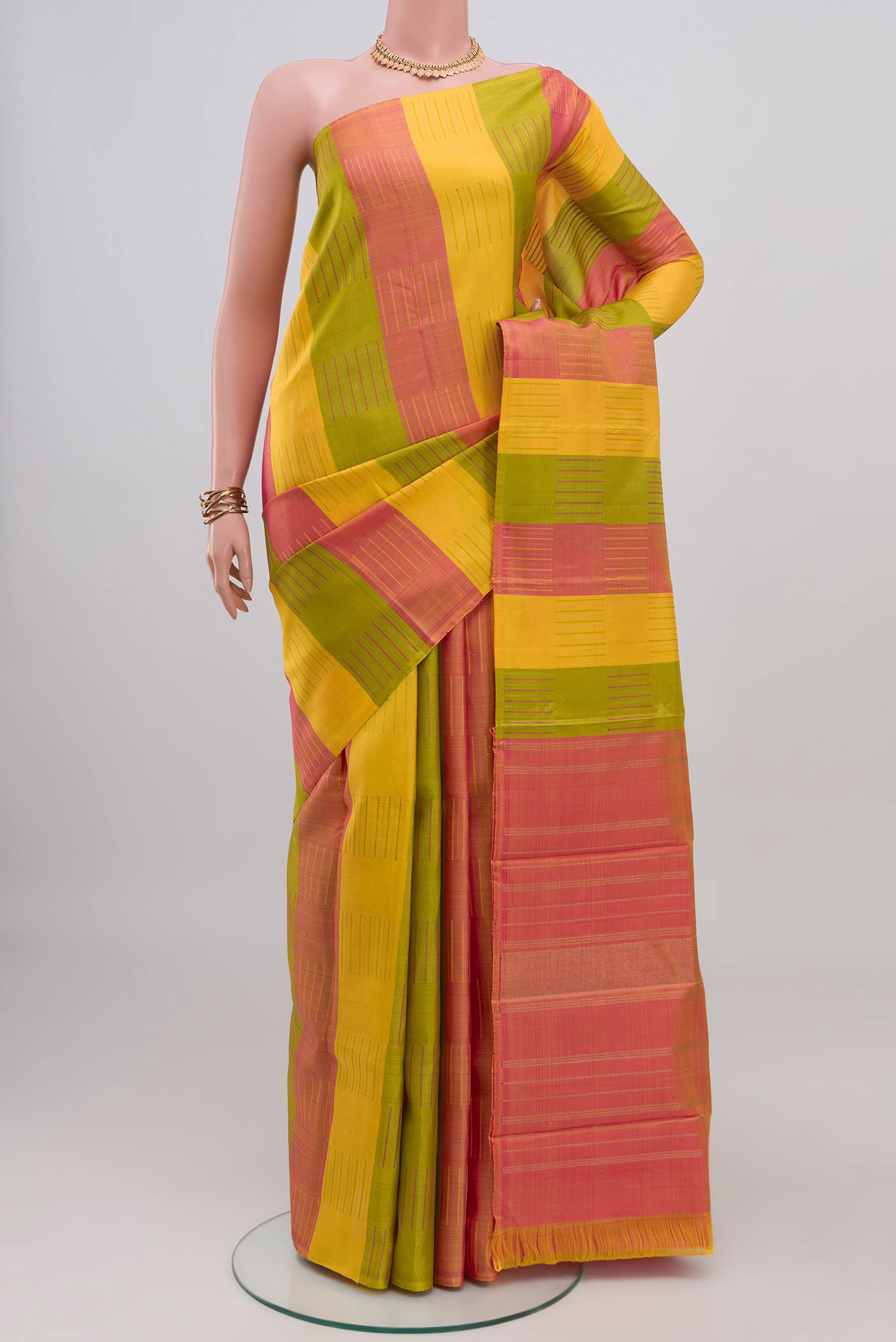 Pure Silk Pure Zari Multi Color Kanchipuram Saree with Stripes on the body and Without Border.  displayed on a mannequin