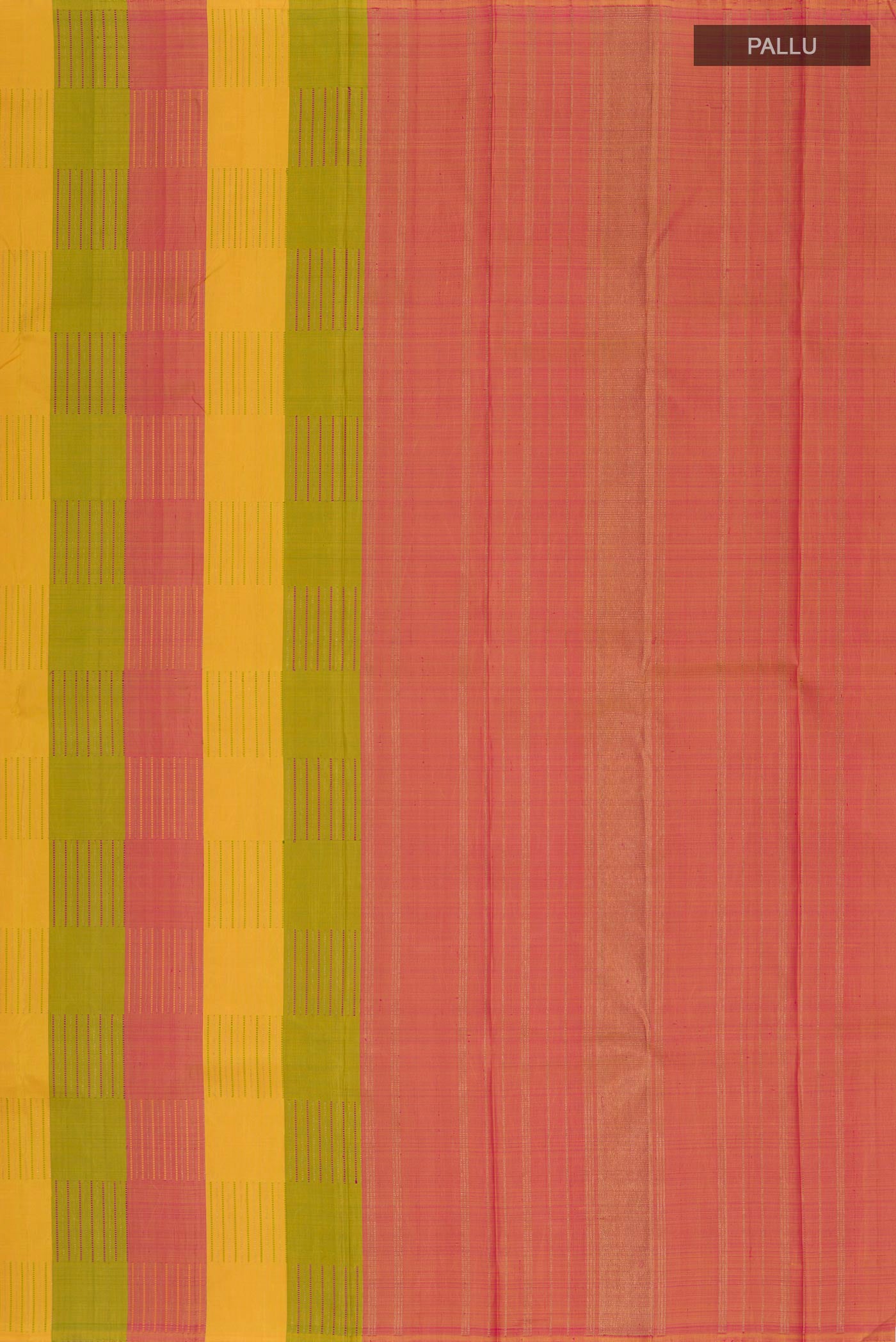 Close up image of the pallu of Pure Silk Pure Zari Multi Color Kanchipuram Saree with Stripes on the body and Without Border. 