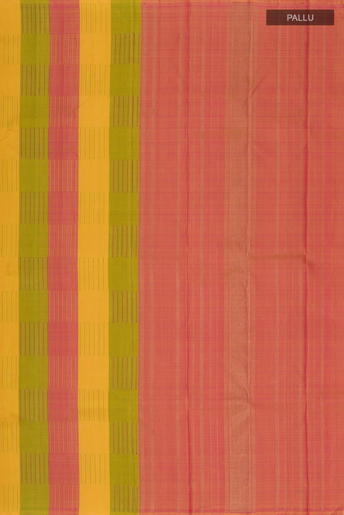 Close up image of the pallu of Pure Silk Pure Zari Multi Color Kanchipuram Saree with Stripes on the body and Without Border. 