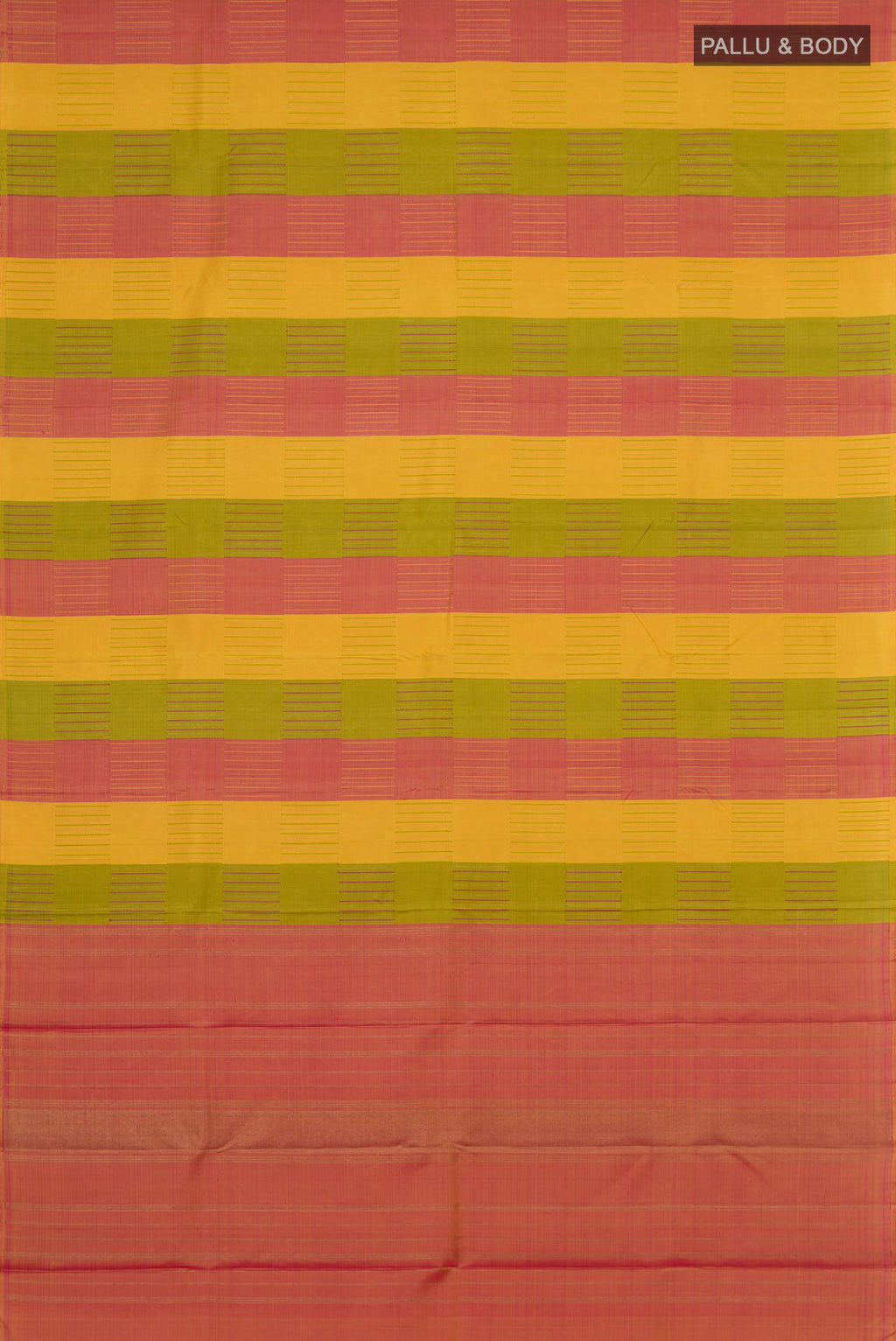Flat view of Pure Silk Pure Zari Multi Color Kanchipuram Saree with Stripes on the body and Without Border. 