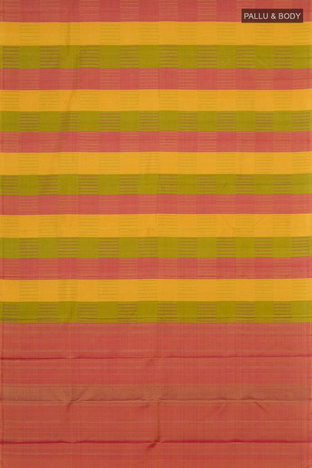 Flat view of Pure Silk Pure Zari Multi Color Kanchipuram Saree with Stripes on the body and Without Border. 