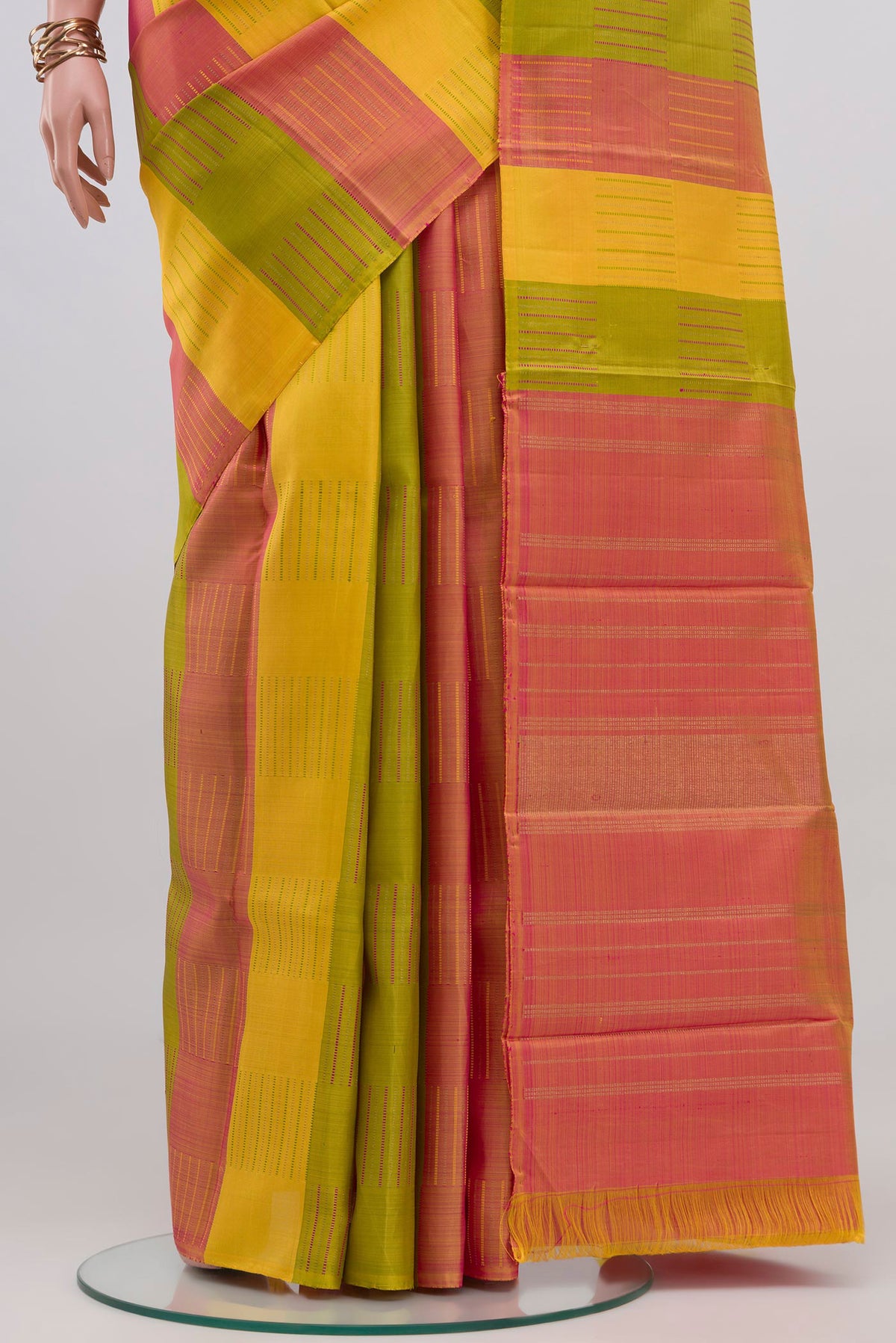 Pleats and pallu of Pure Silk Pure Zari Multi Color Kanchipuram Saree with Stripes on the body and Without Border. 