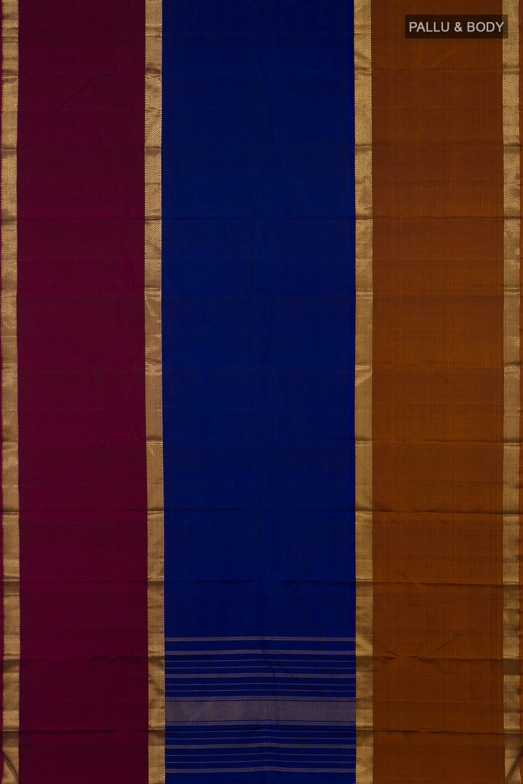 Flat view of Pure Silk Pure Zari Blue Kanchipuram Saree with Plain Body and Ganga Jamuna Border. 
