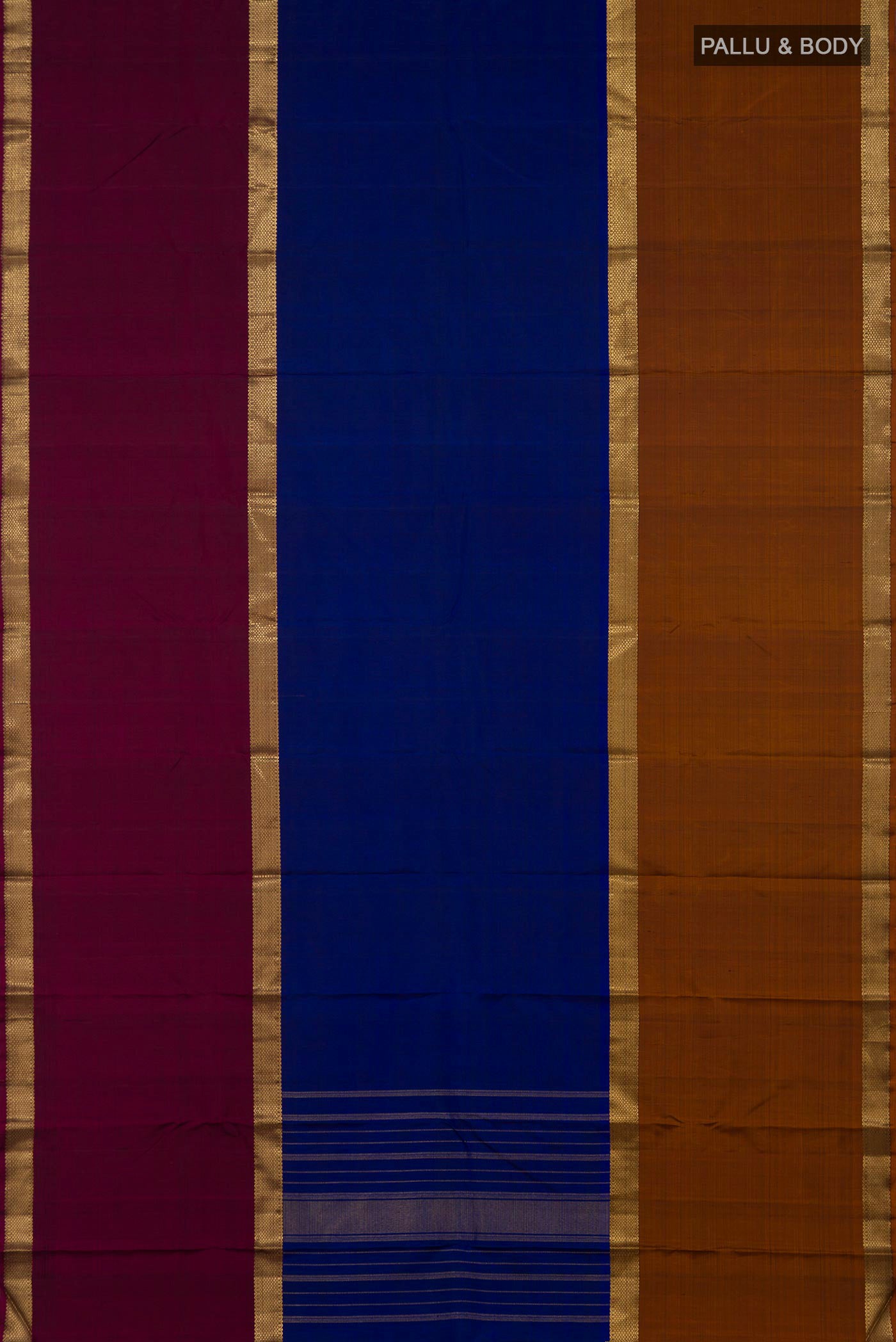 Flat view of Pure Silk Pure Zari Blue Kanchipuram Saree with Plain Body and Ganga Jamuna Border. 