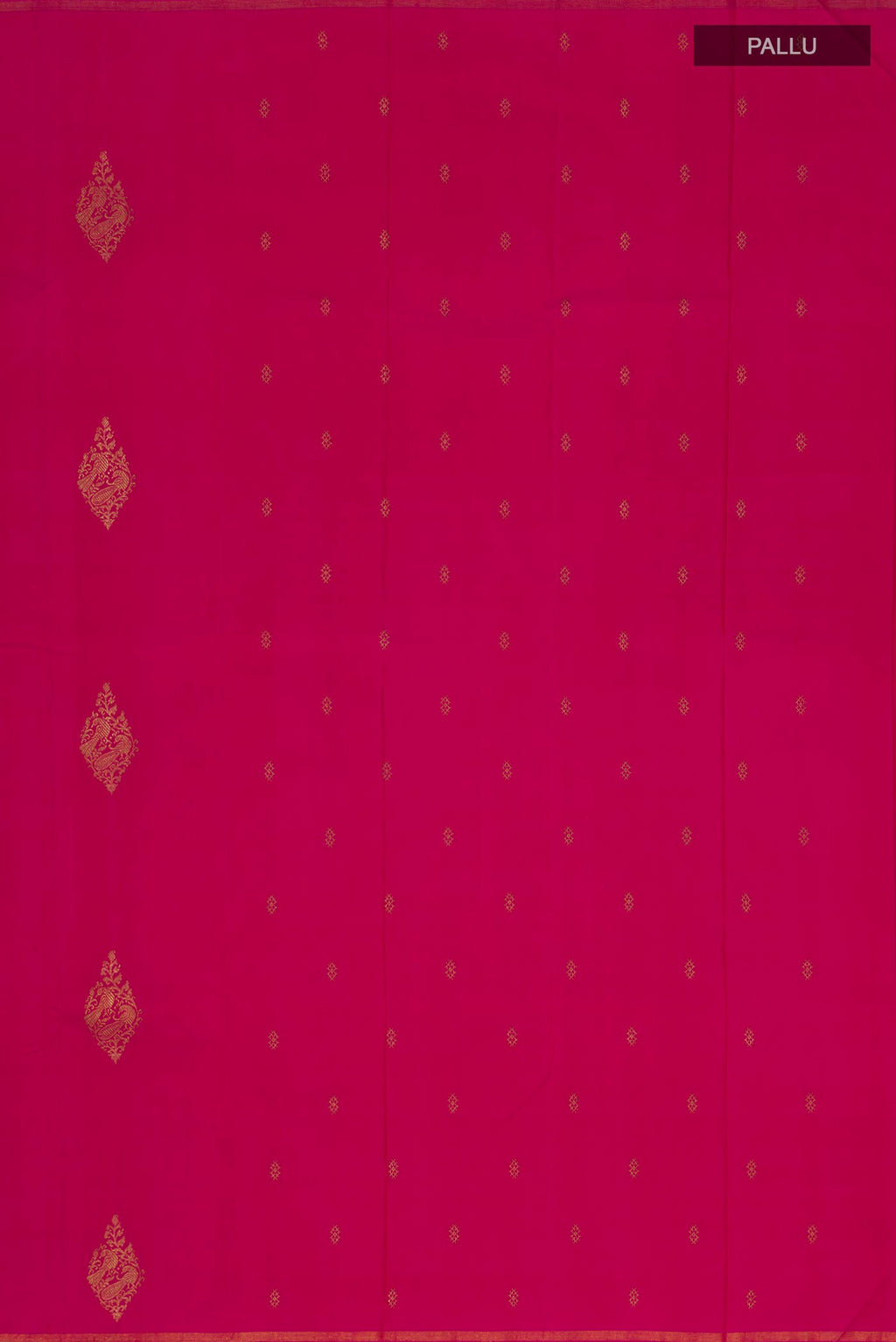 Close up image of the pallu of Pink Kanchipuram Silk Saree with Zari Butta on the body and Thin Zari Line. 