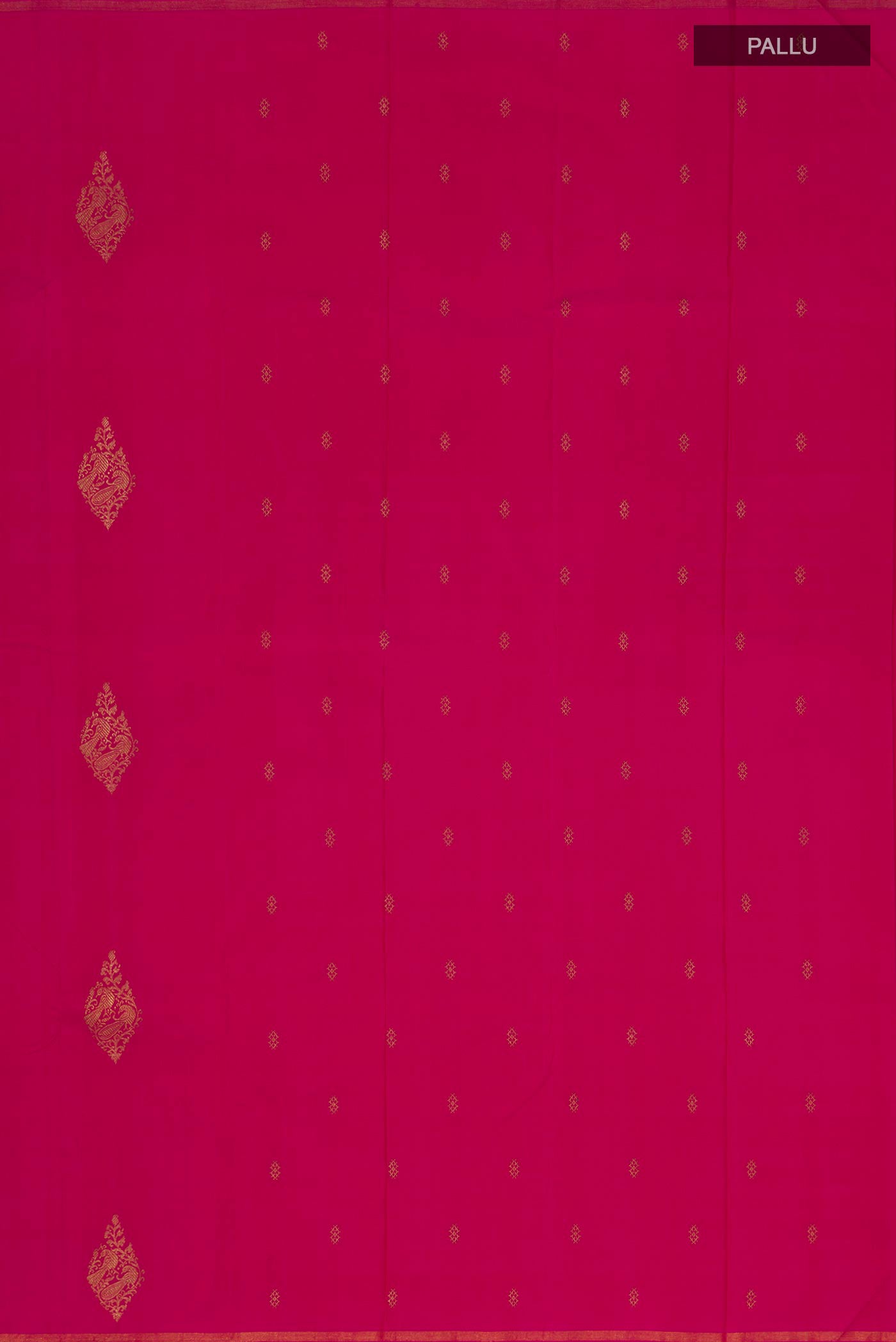 Close up image of the pallu of Pink Kanchipuram Silk Saree with Zari Butta on the body and Thin Zari Line. 
