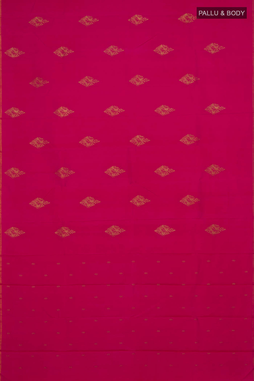 Flat view of Pink Kanchipuram Silk Saree with Zari Butta on the body and Thin Zari Line. 