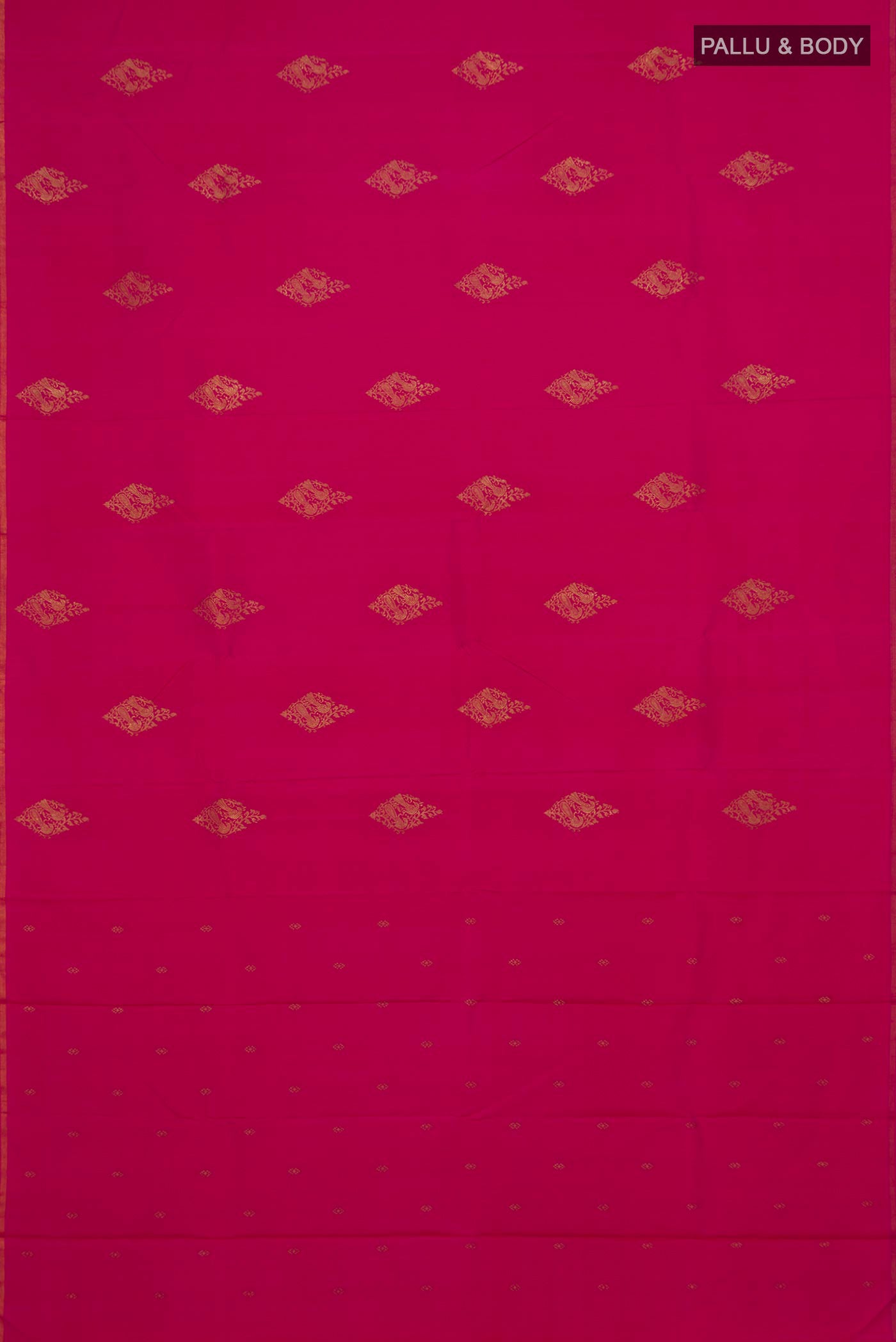 Flat view of Pink Kanchipuram Silk Saree with Zari Butta on the body and Thin Zari Line. 