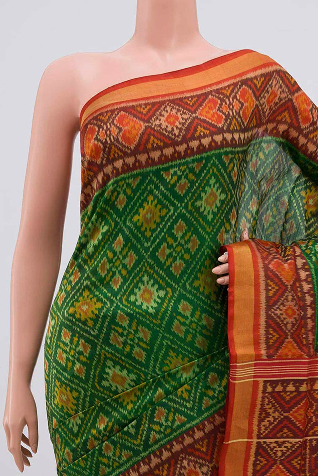 Border image of Green Rajkot Patola Silk Saree with Pure Ikat on the body and Zari Border