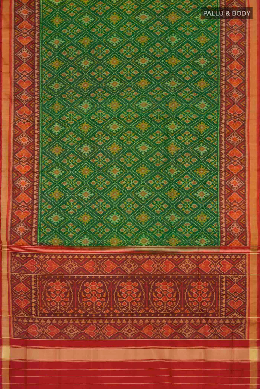 Flat view of Green Rajkot Patola Silk Saree with Pure Ikat on the body and Zari Border