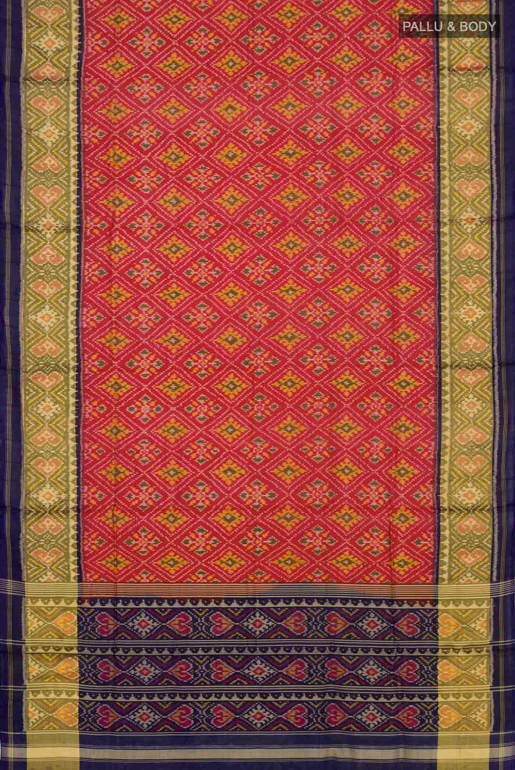 Flat view of Red Rajkot Patola Silk Saree with Ikat design on the body and Thin Zari Line