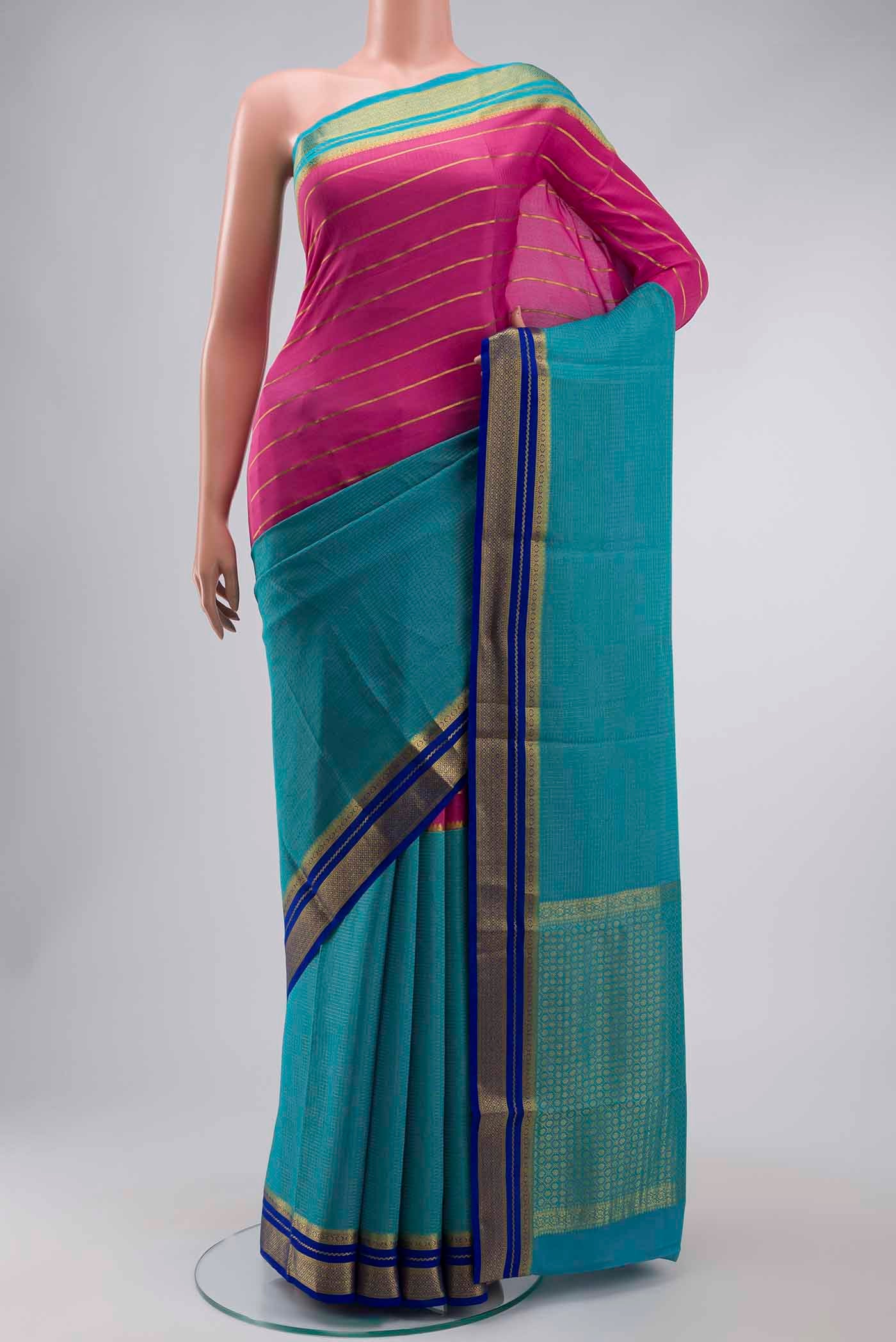 Multi Color Mysore Crepe Saree with Stripes on the body and Zari Border displayed on a mannequin
