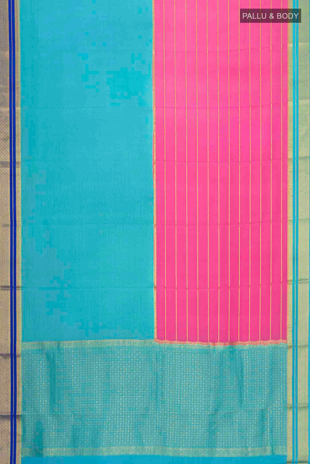 Flat view of Multi Color Mysore Crepe Saree with Stripes on the body and Zari Border