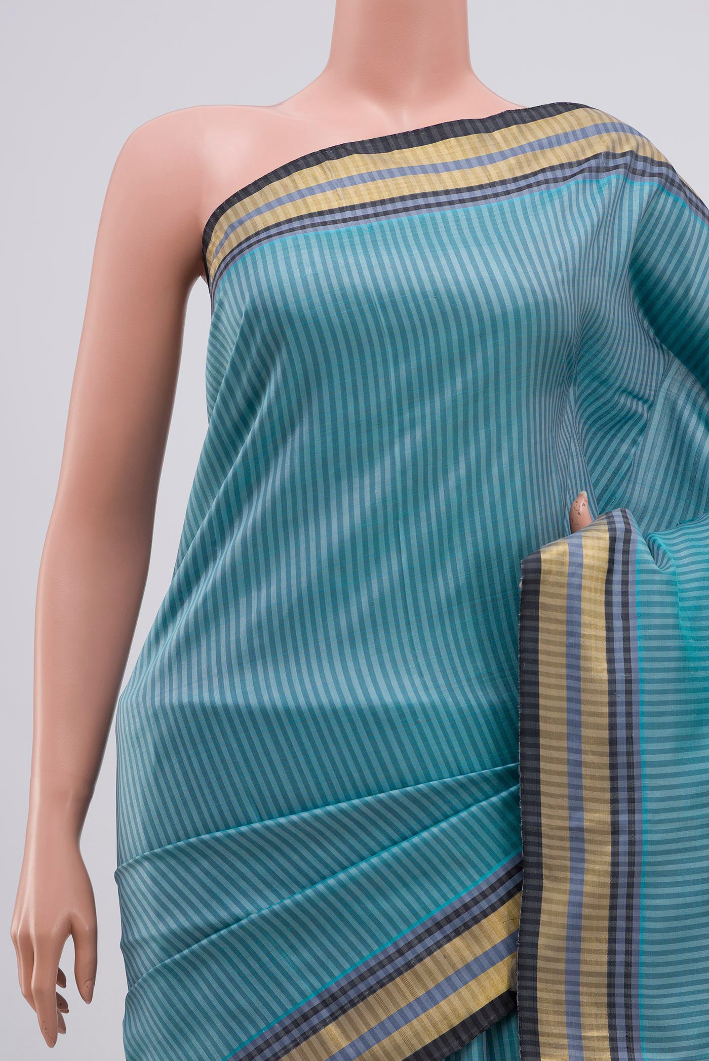 Border image of Blue Grey Kanjivaram Silk Saree with Stripes on the body and Zari Border. 
