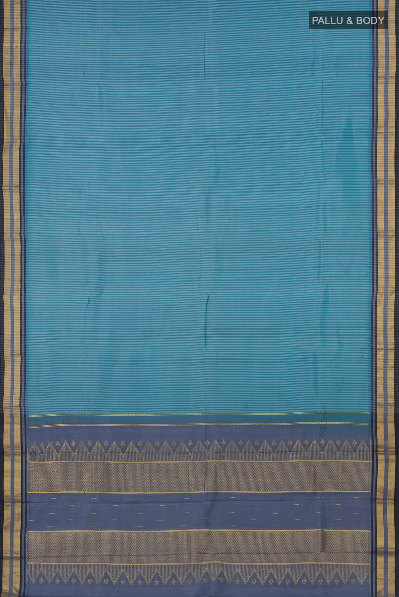 Flat view of Blue Grey Kanjivaram Silk Saree with Stripes on the body and Zari Border. 
