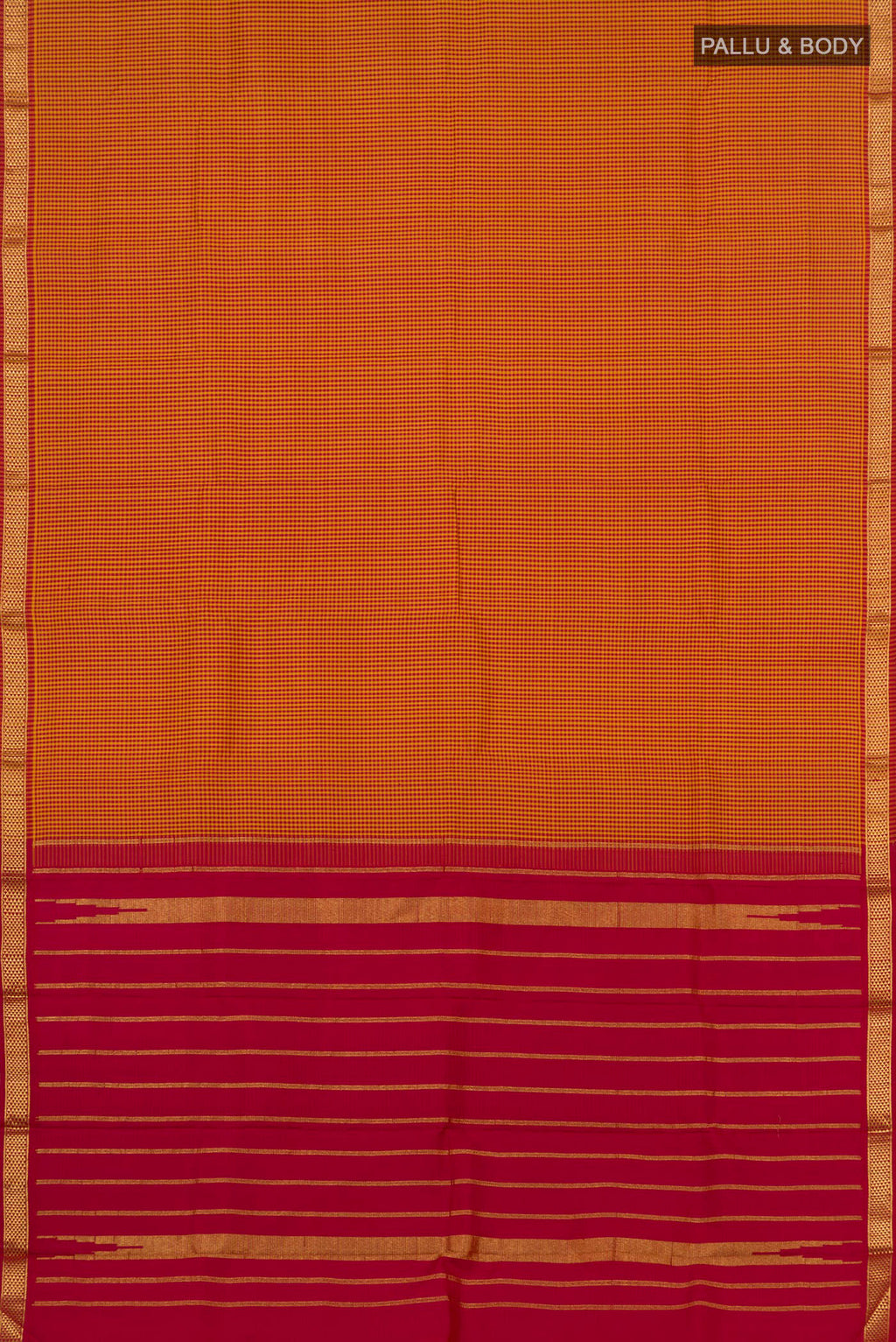 Flat view of Pure Silk Pure Zari Multi Color Kanjivaram Saree with Checked design on the body and Zari Border. 
