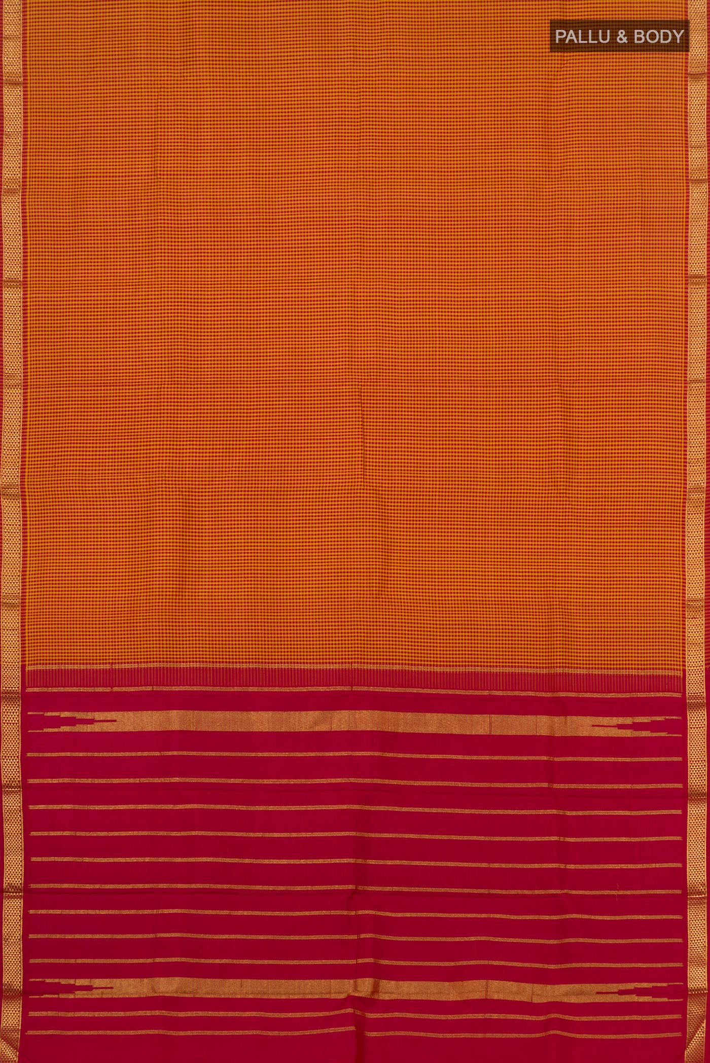 Flat view of Pure Silk Pure Zari Multi Color Kanjivaram Saree with Checked design on the body and Zari Border. 