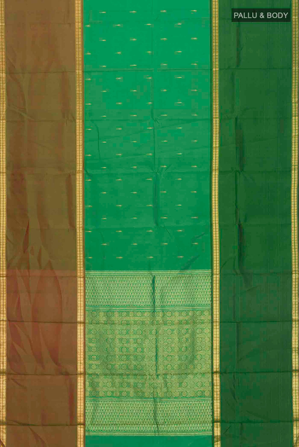 Flat view of Green Kanchipuram Silk Saree with Zari Butta on the body and Zari Border