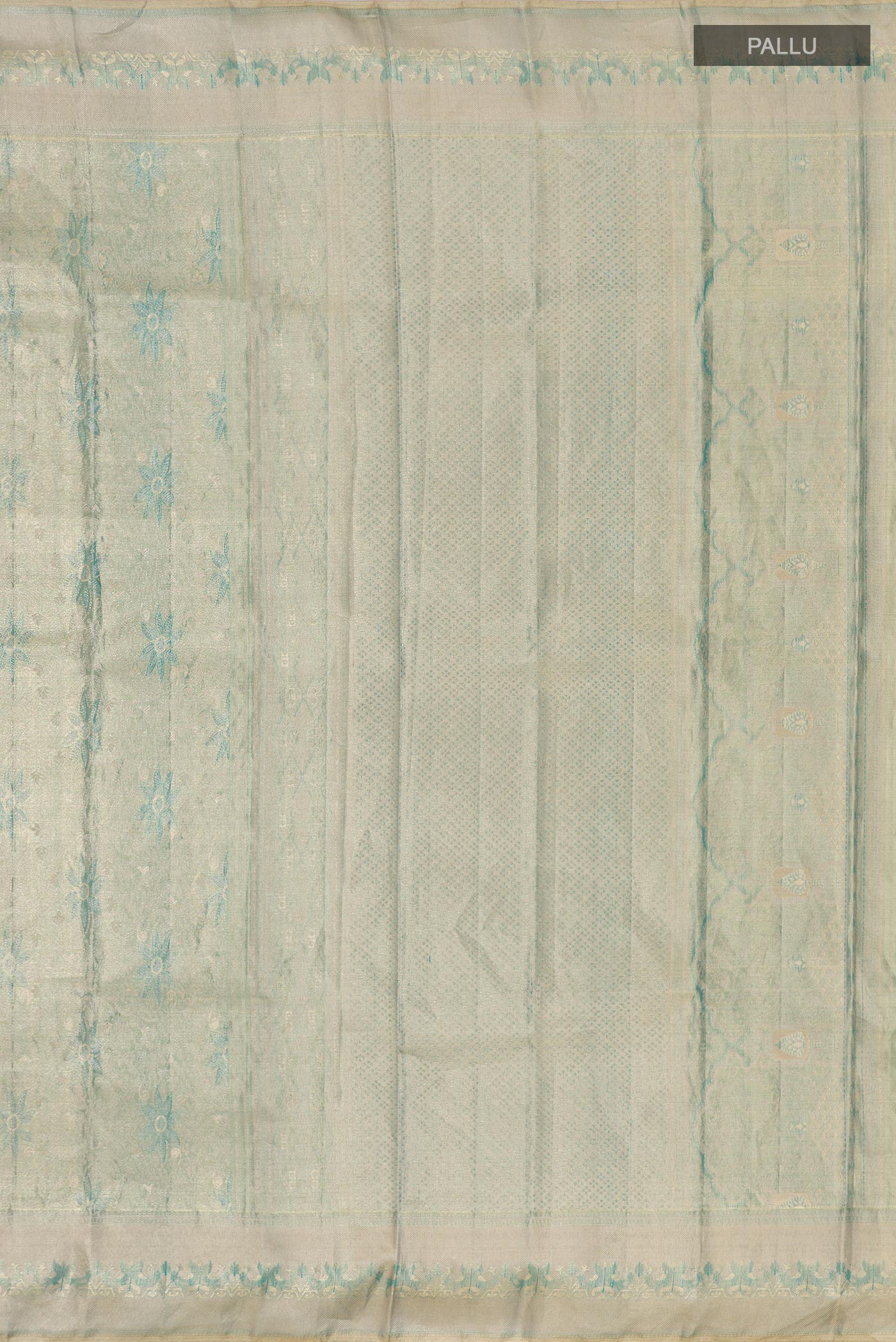 Close up image of the pallu of Light Blue Kanjivaram Silk Saree with Zari Brocade on the body and Zari Border. 