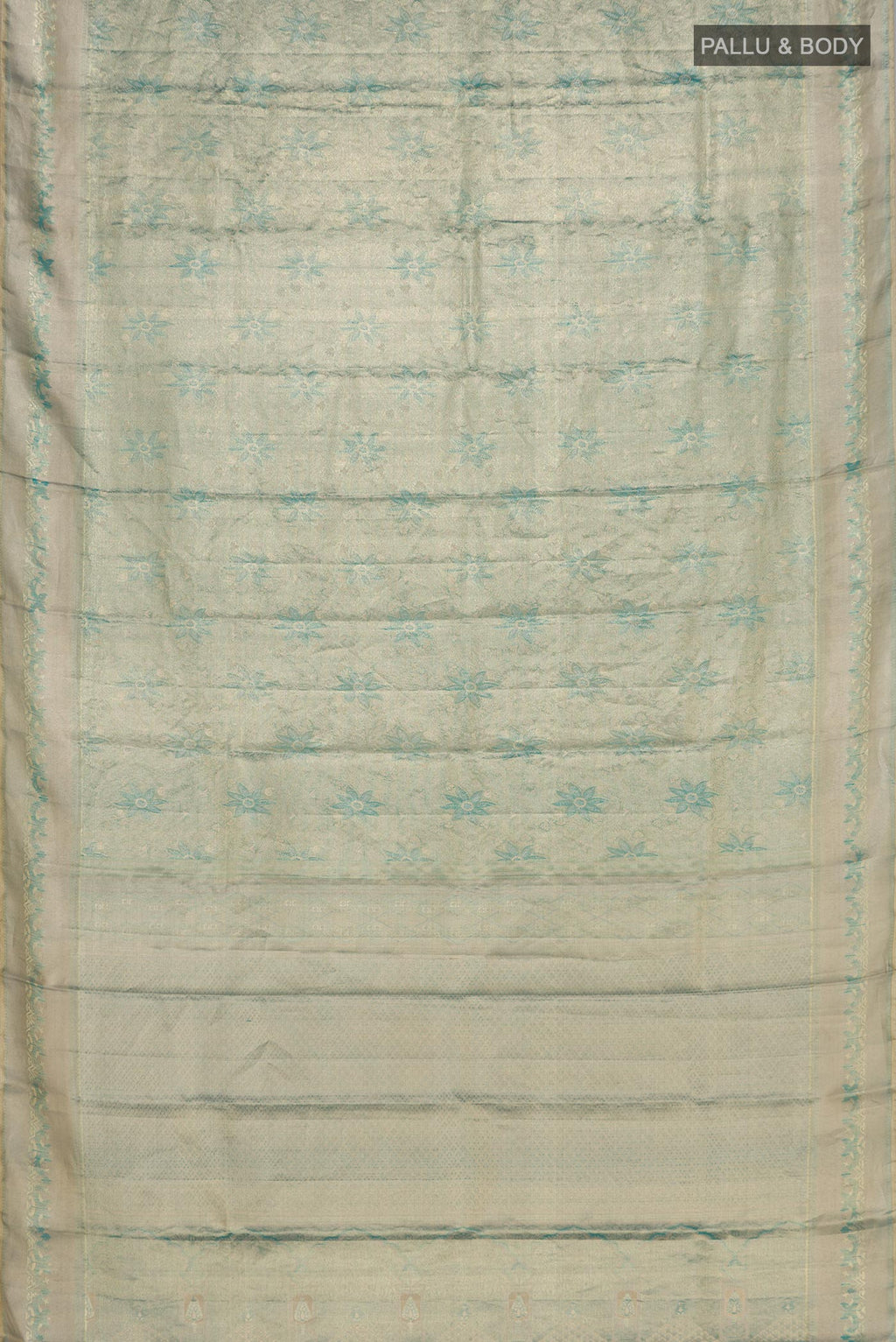 Flat view of Light Blue Kanjivaram Silk Saree with Zari Brocade on the body and Zari Border. 