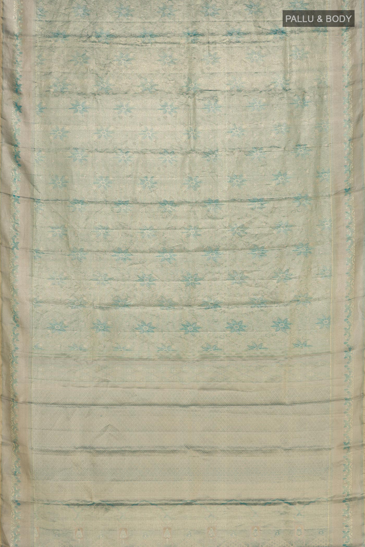 Flat view of Light Blue Kanjivaram Silk Saree with Zari Brocade on the body and Zari Border. 