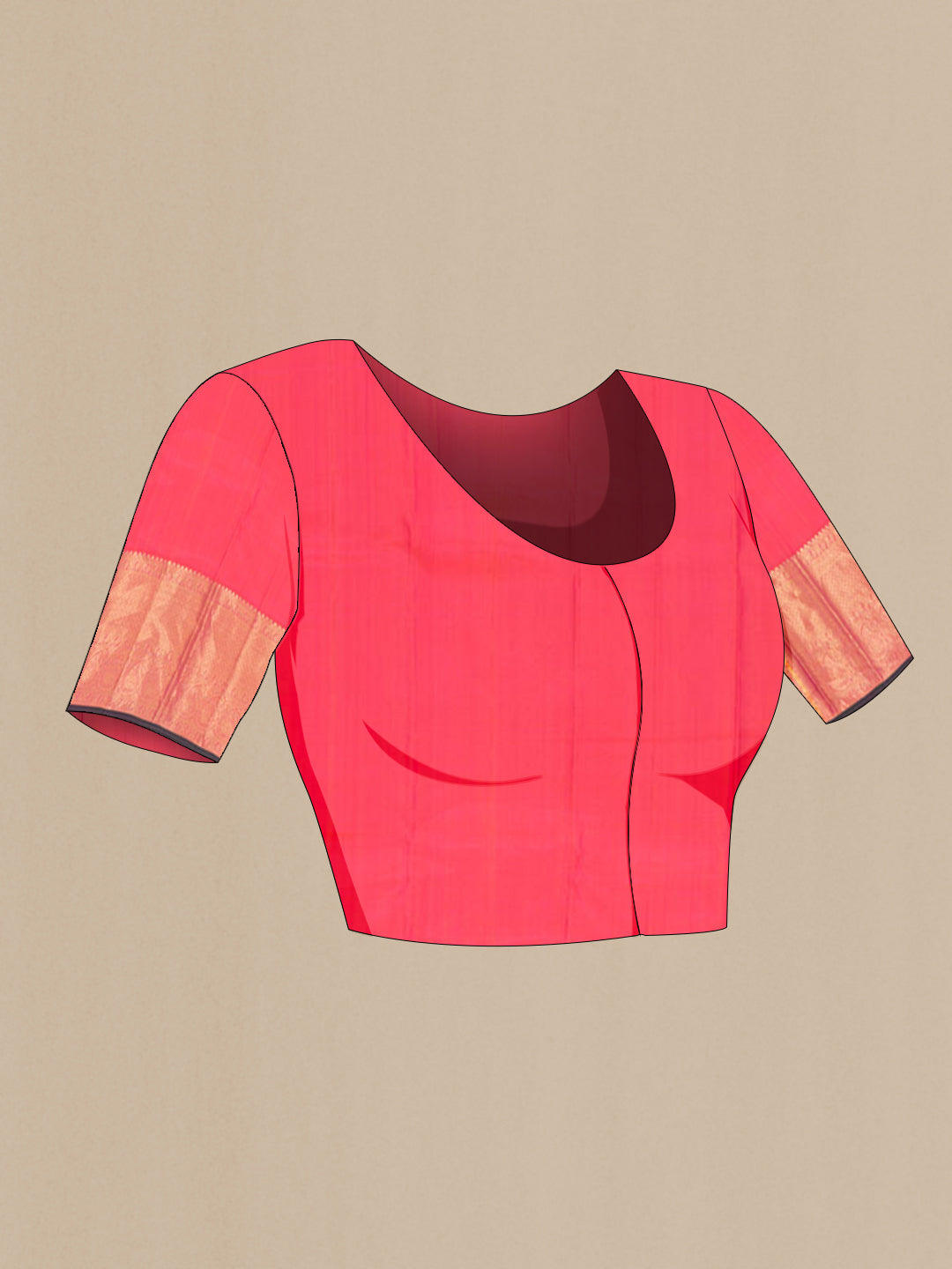Close up image of the blouse of Orange Kanjivaram Saree with Zari Brocade on the body and Zari Border. 