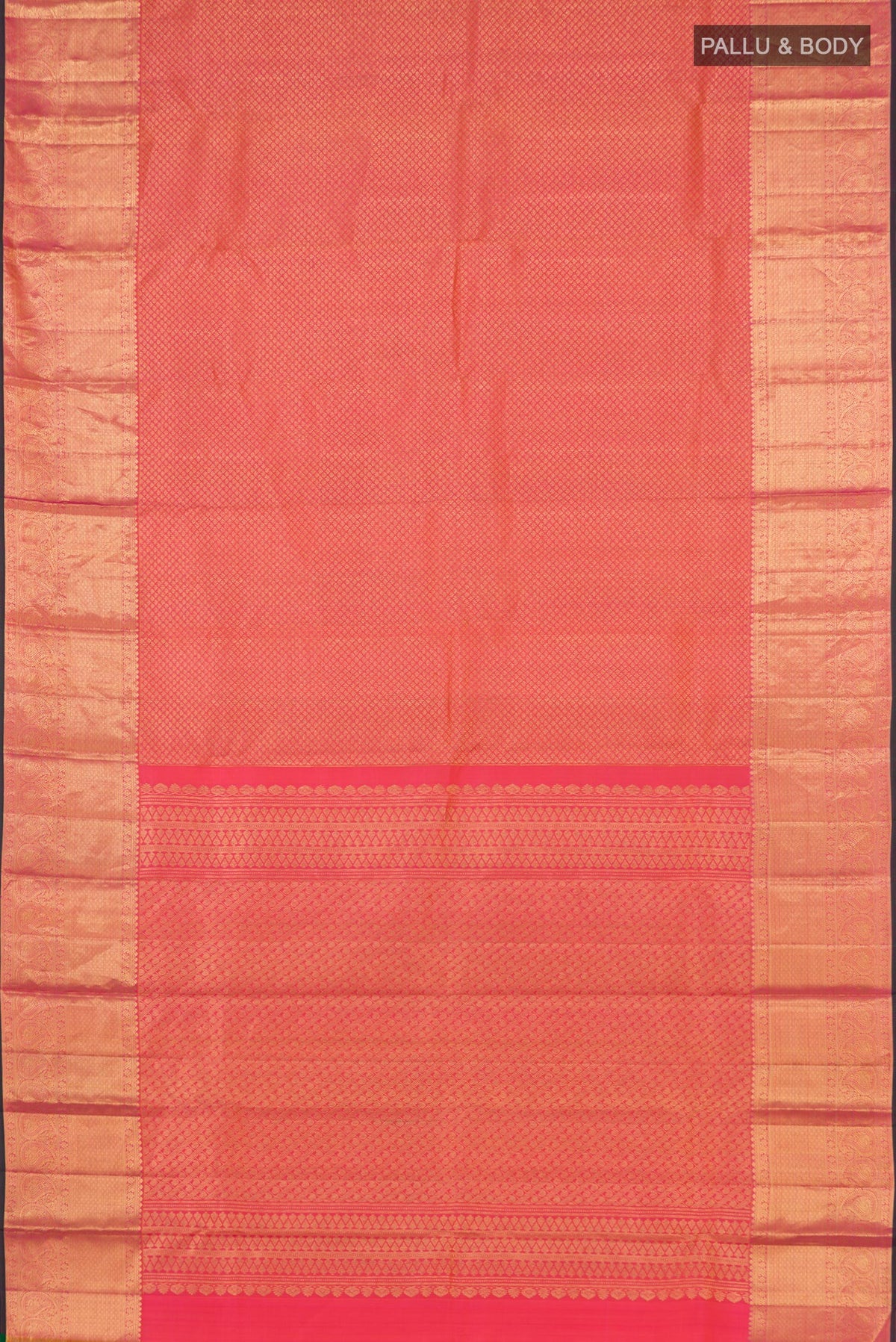 Flat view of Orange Kanjivaram Saree with Zari Brocade on the body and Zari Border. 
