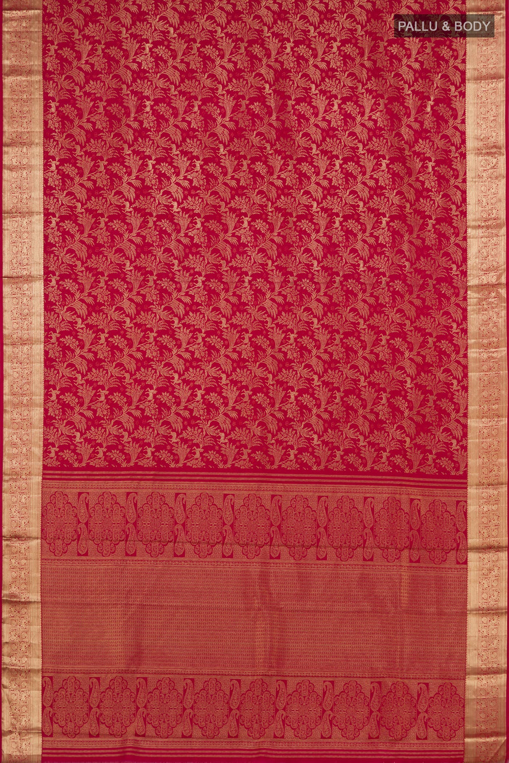 Flat view of Deep Red Kanjivaram Silk Saree with Zari Brocade on the body and Zari Border. 