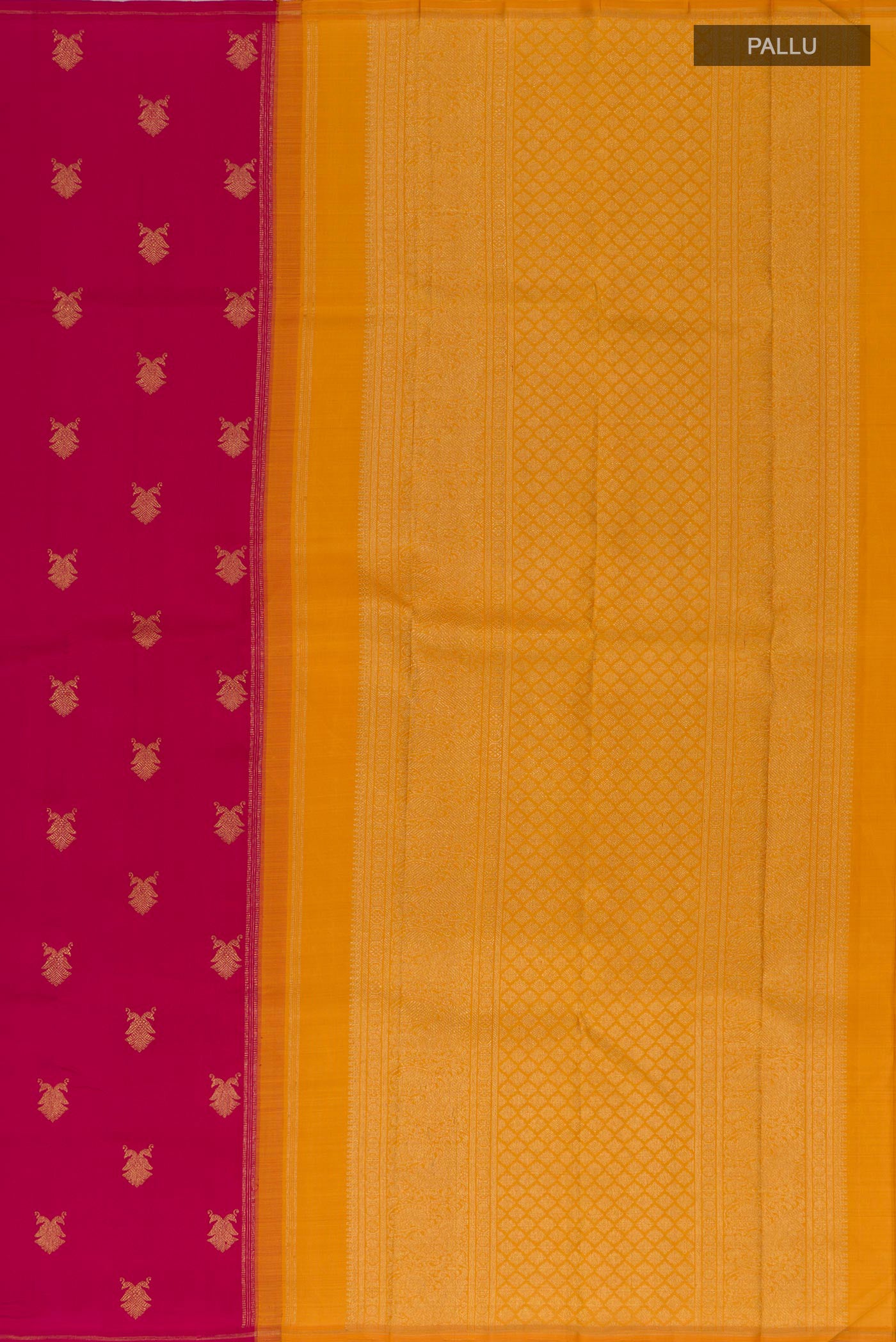 Close up image of the pallu of Pure Silk Pure Zari Pink Kanchipuram Saree with Zari Butta on the body and Thin Zari Line. 