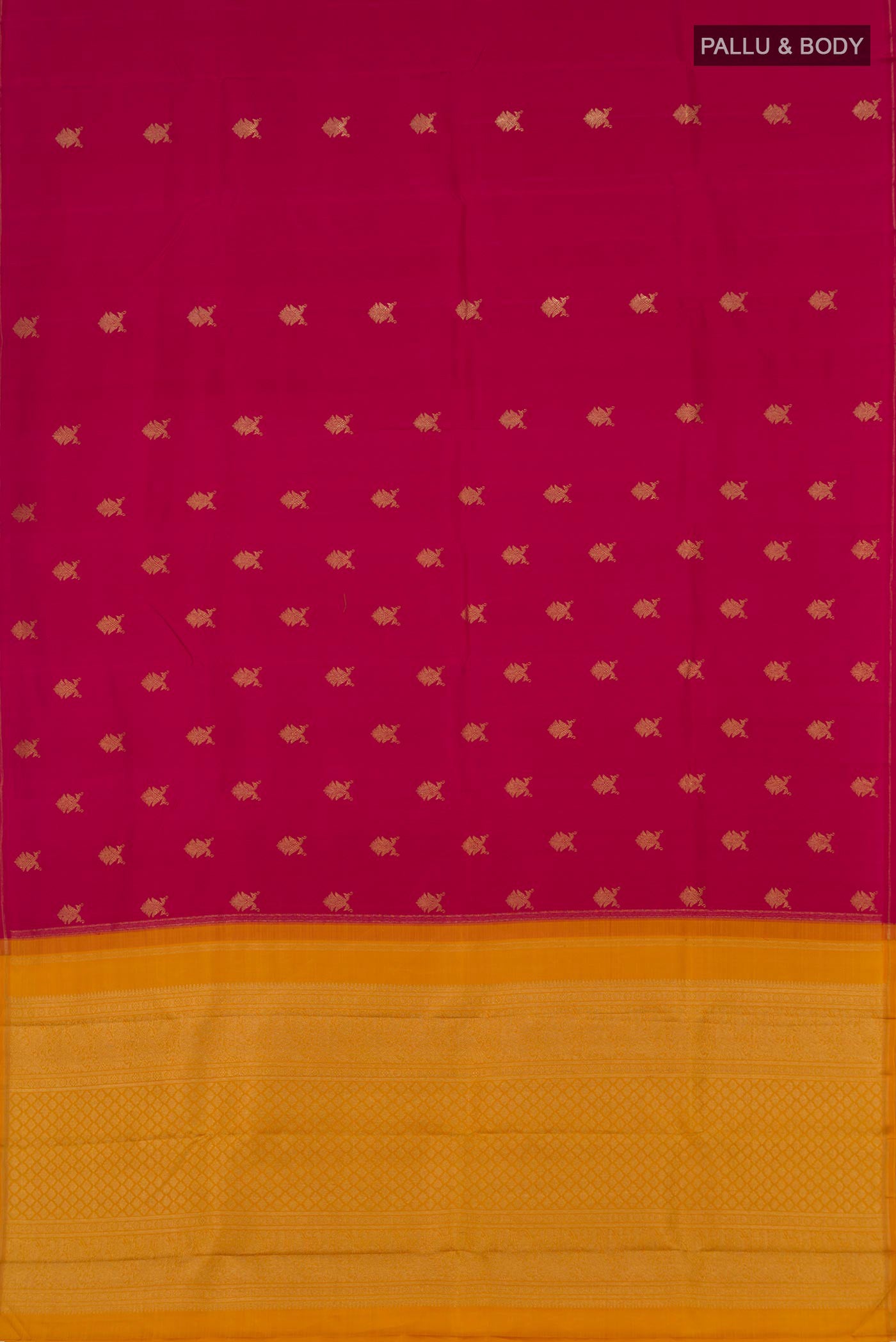 Flat view of Pure Silk Pure Zari Pink Kanchipuram Saree with Zari Butta on the body and Thin Zari Line. 