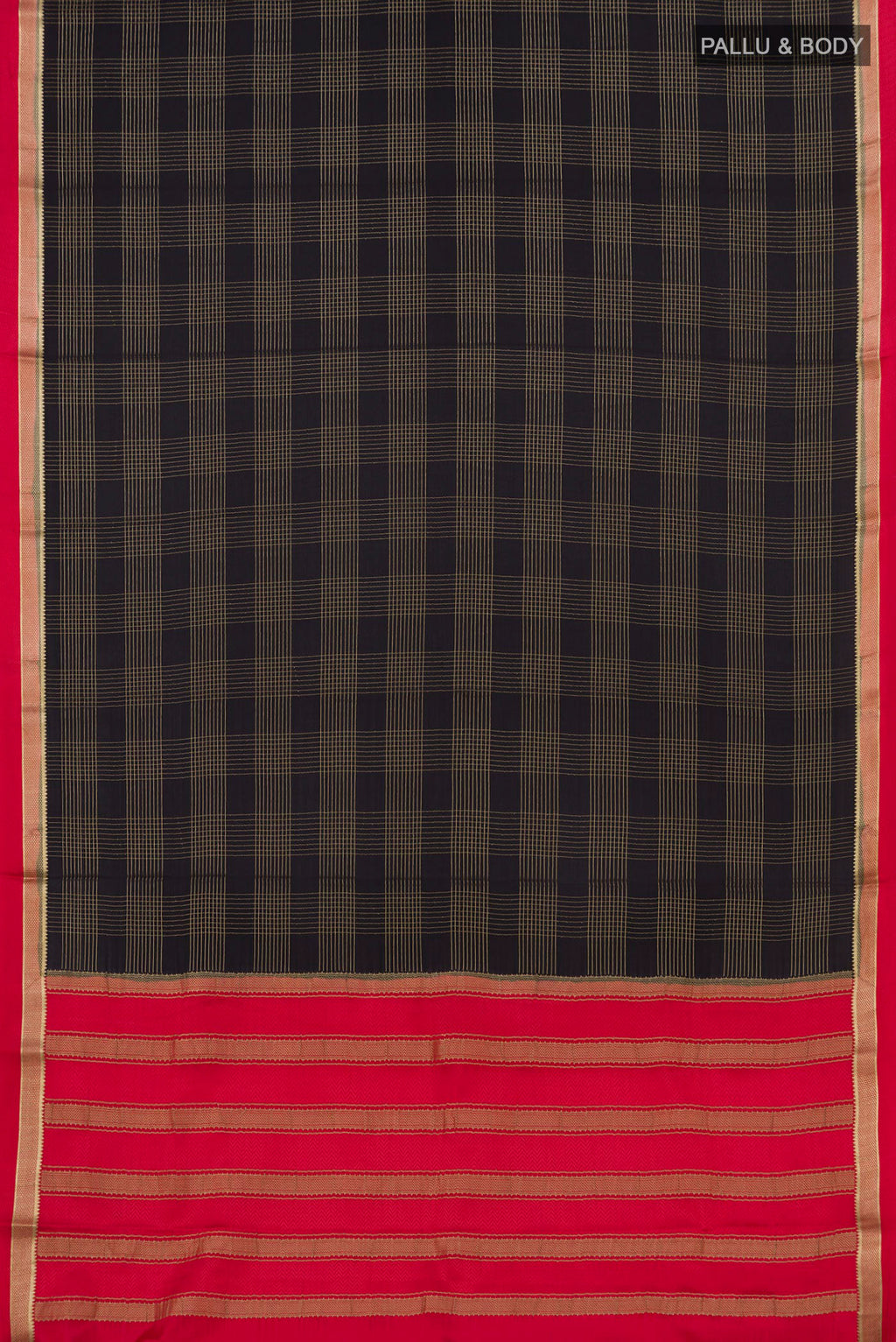 Flat view of Black Mysore Crepe Saree with Checked design on the body and Thin Zari Line. 
