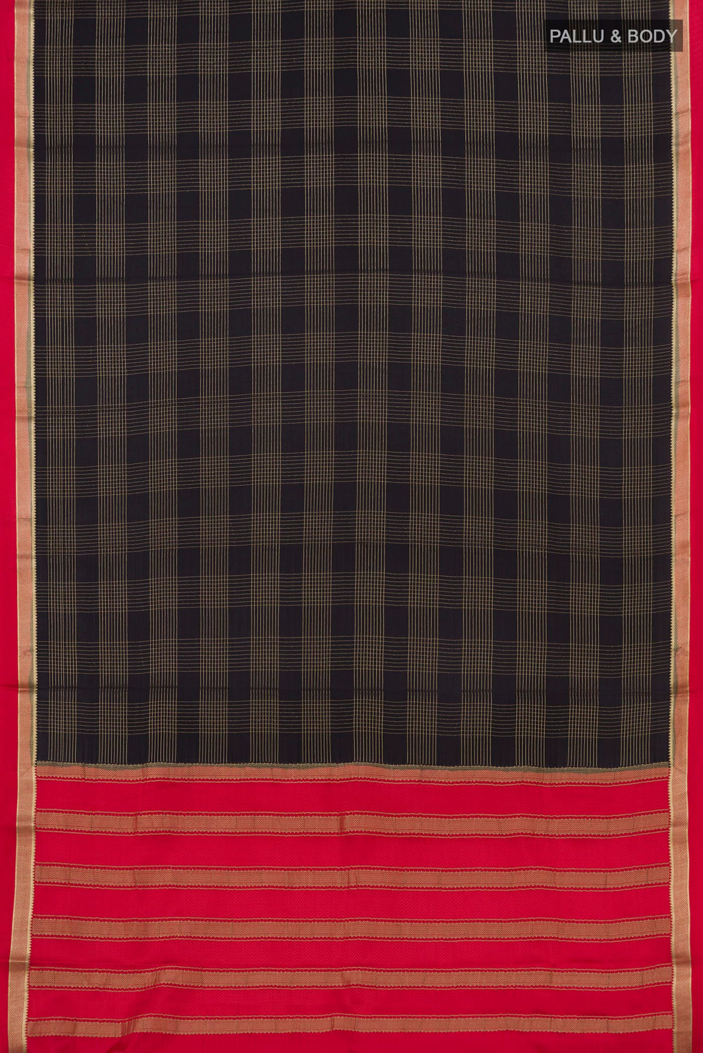 Flat view of Black Mysore Crepe Saree with Checked design on the body and Thin Zari Line. 