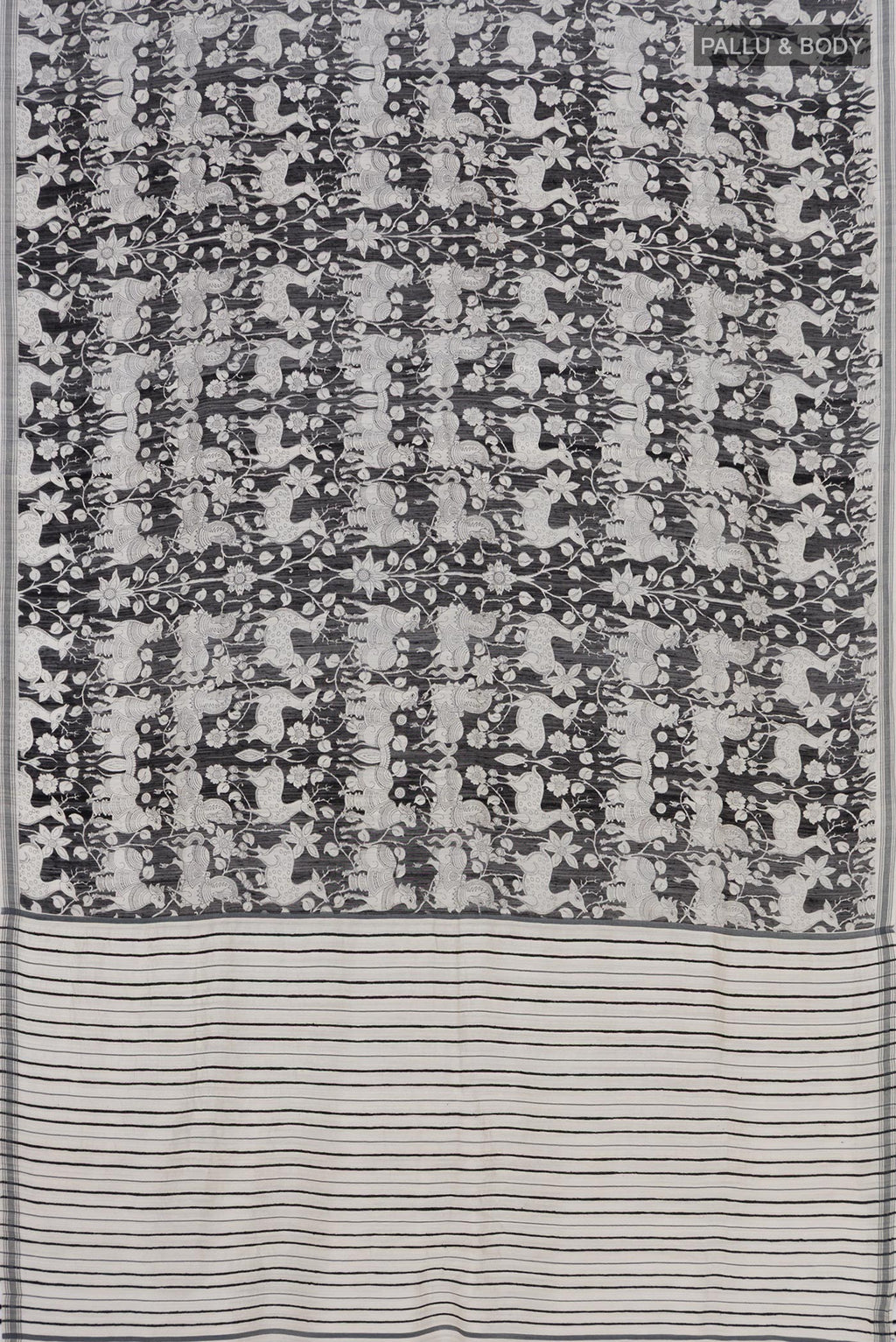 Flat view of Black Tussar Silk Saree with Fancy on the body and Plain Border. 
