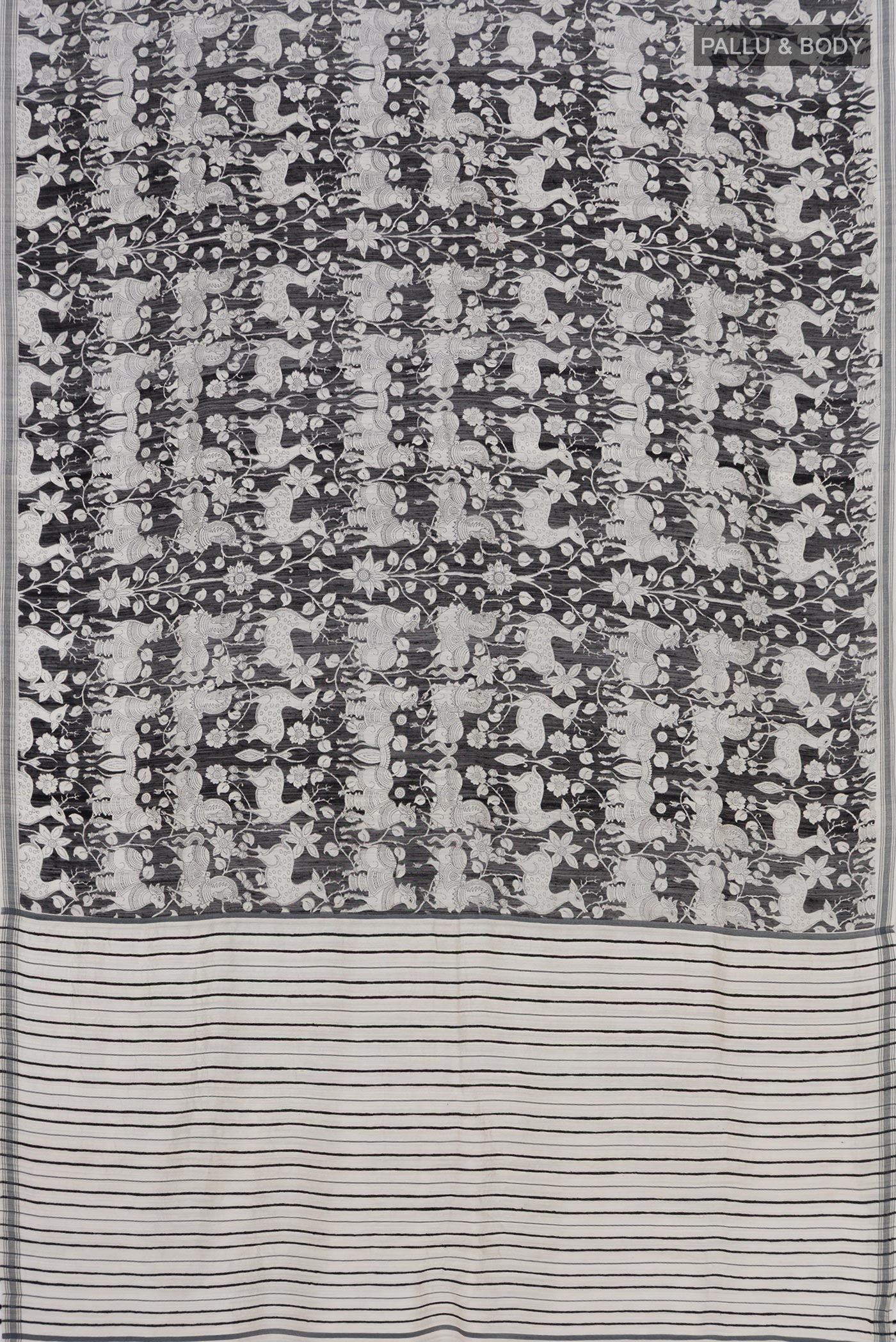 Flat view of Black Tussar Silk Saree with Fancy on the body and Plain Border. 