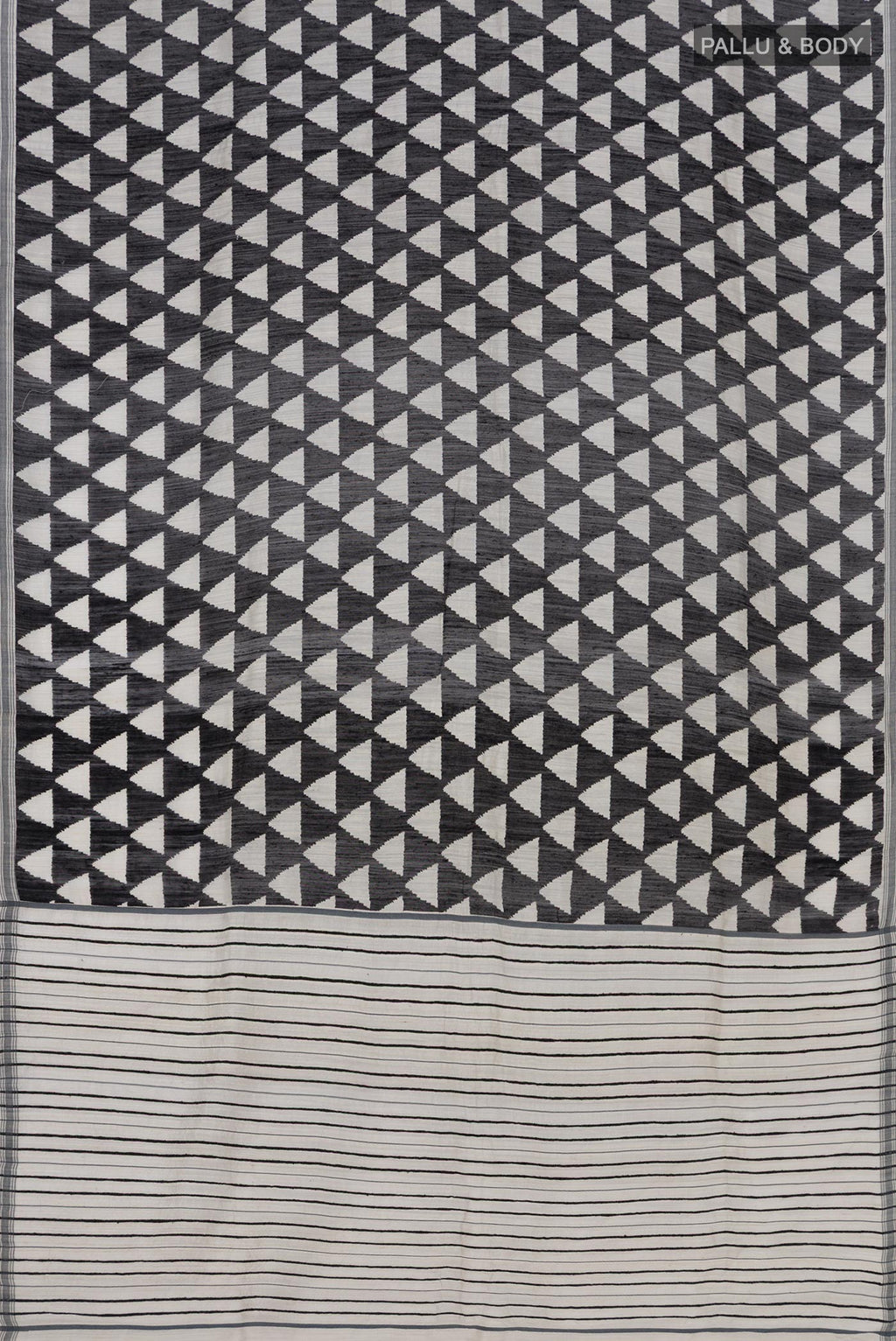 Flat view of Black Tussar Silk Saree with Fancy on the body and Plain Border. 