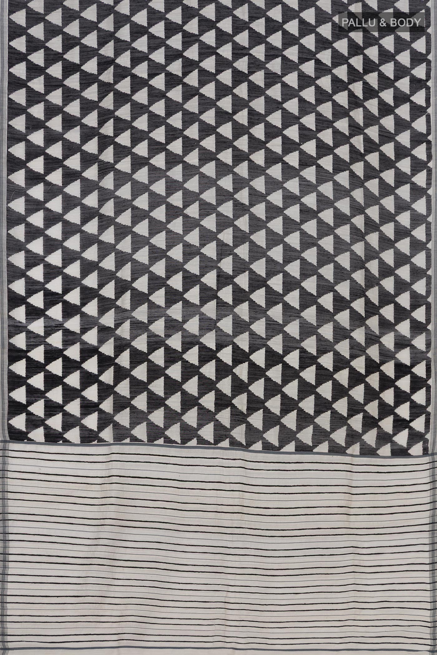 Flat view of Black Tussar Silk Saree with Fancy on the body and Plain Border. 