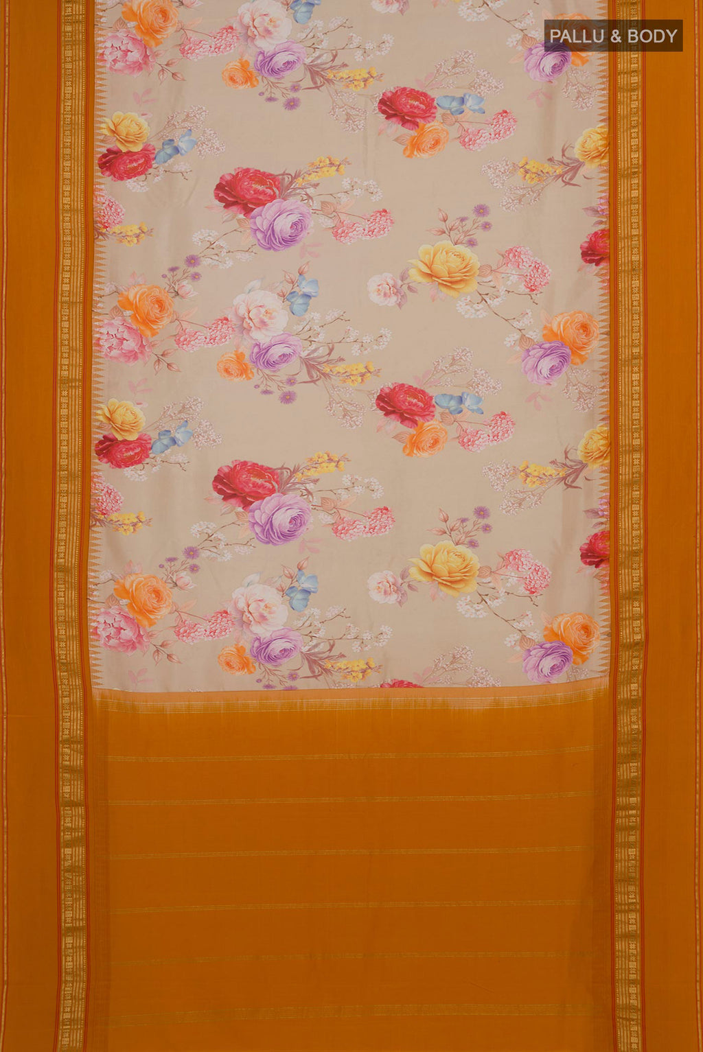 Flat view of Beige Printed Silk Saree with Printed design on the body and Zari Border. 