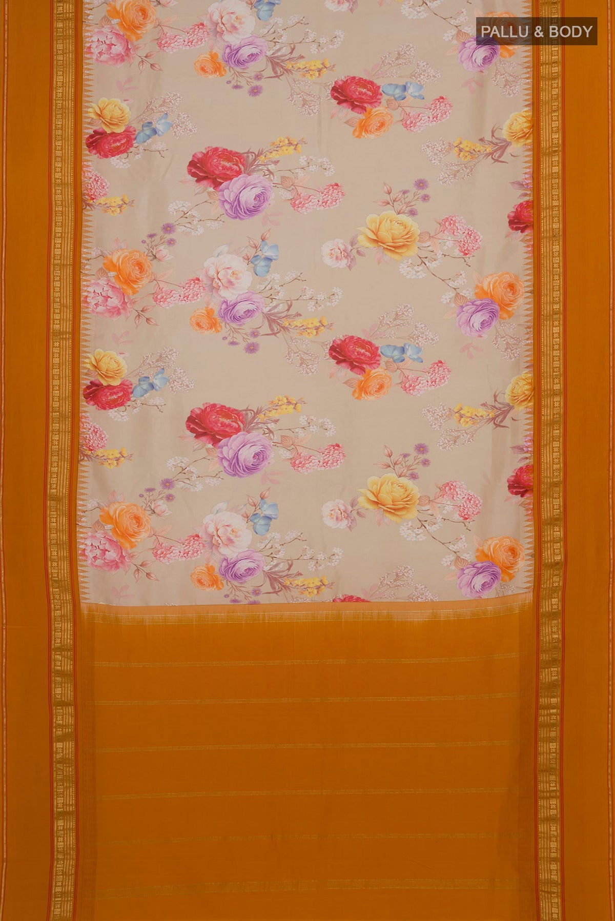 Flat view of Beige Printed Silk Saree with Printed design on the body and Zari Border. 