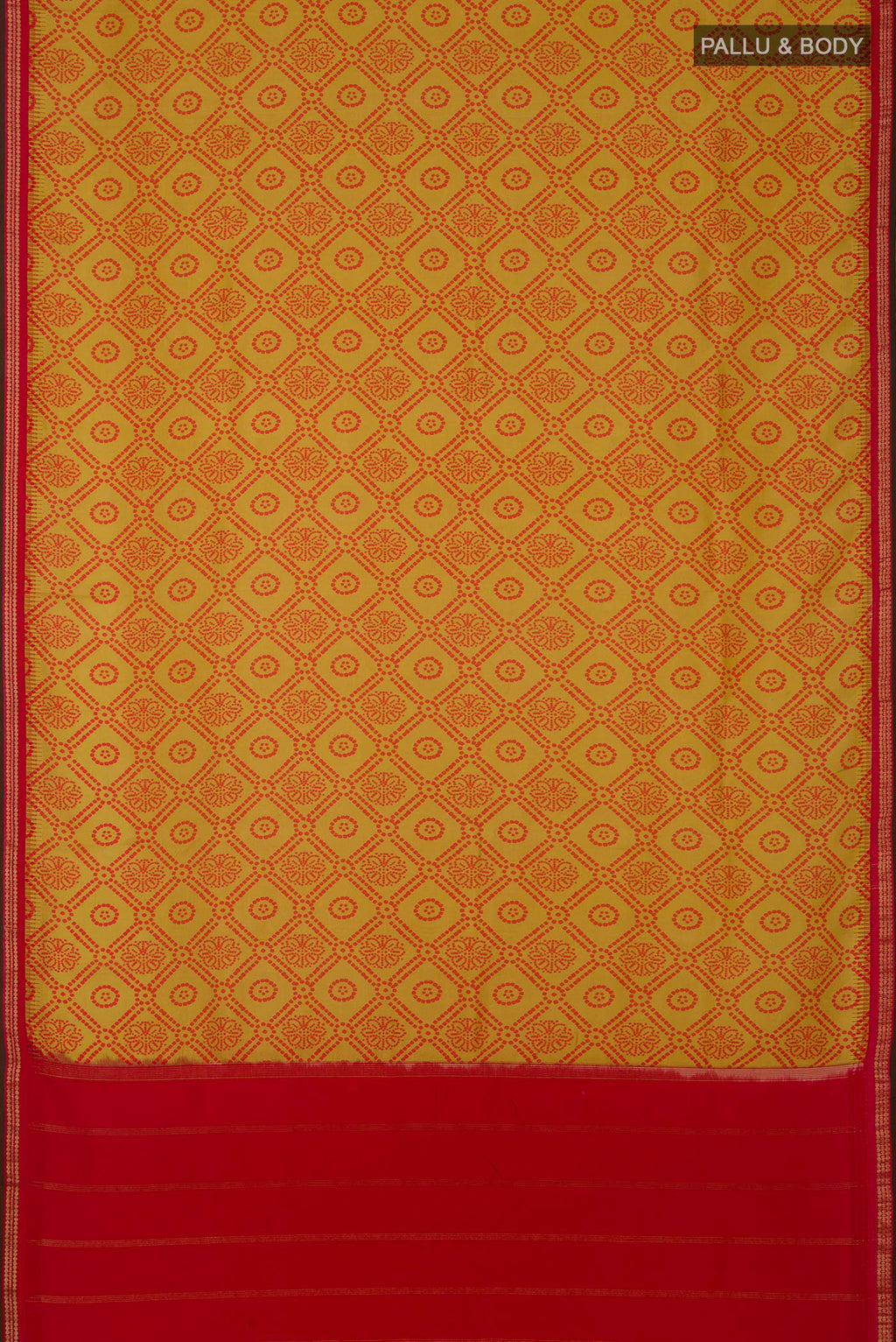 Flat view of Yellow Printed Silk Saree with Printed design on the body and Zari Border. 