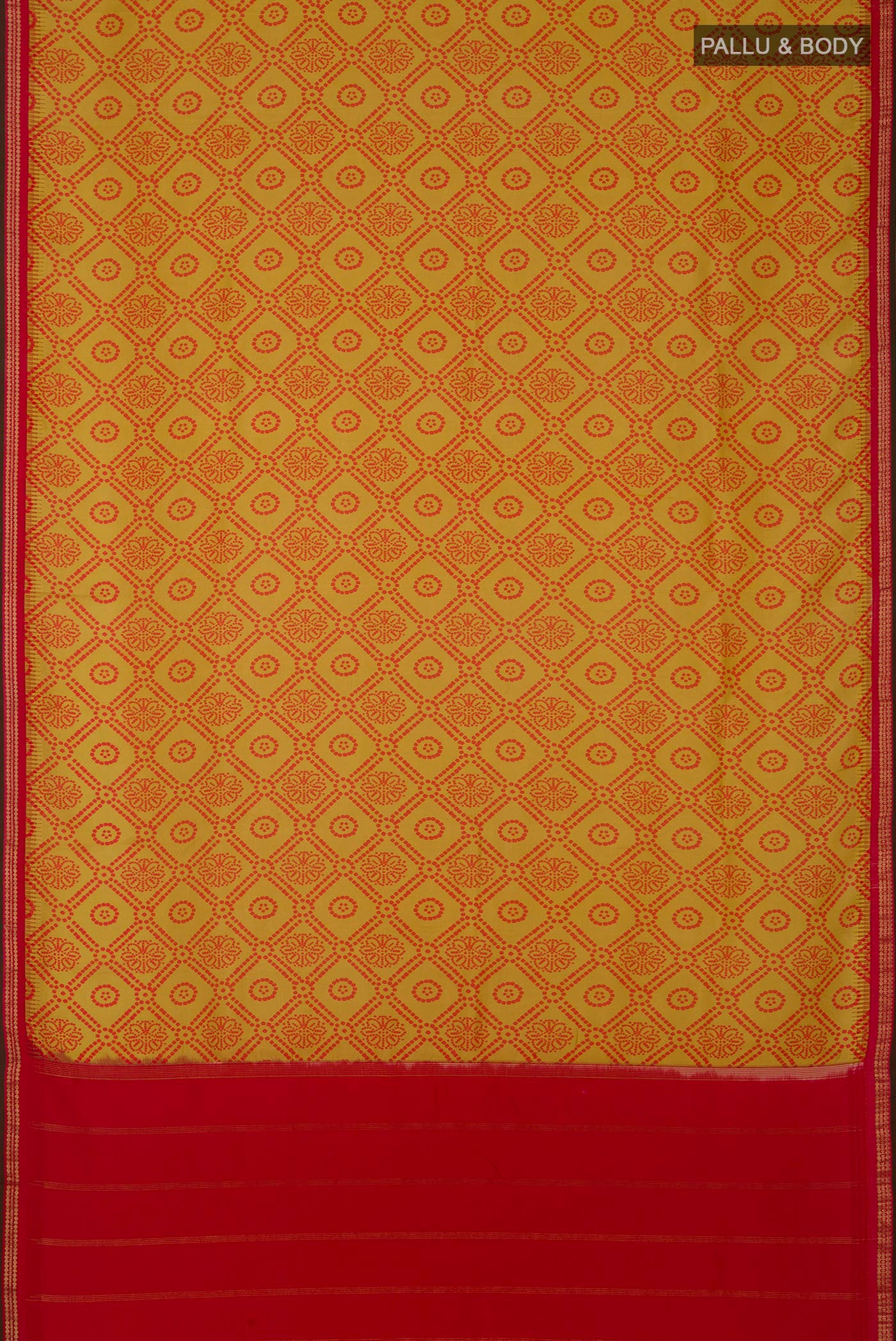 Flat view of Yellow Printed Silk Saree with Printed design on the body and Zari Border. 