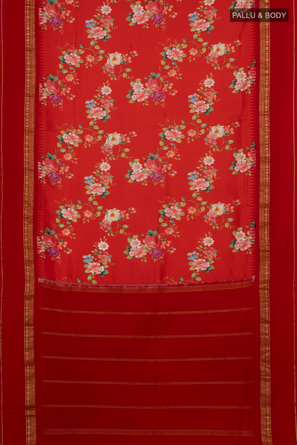 Flat view of Red Printed Silk Saree with Printed design on the body and Zari Border. 