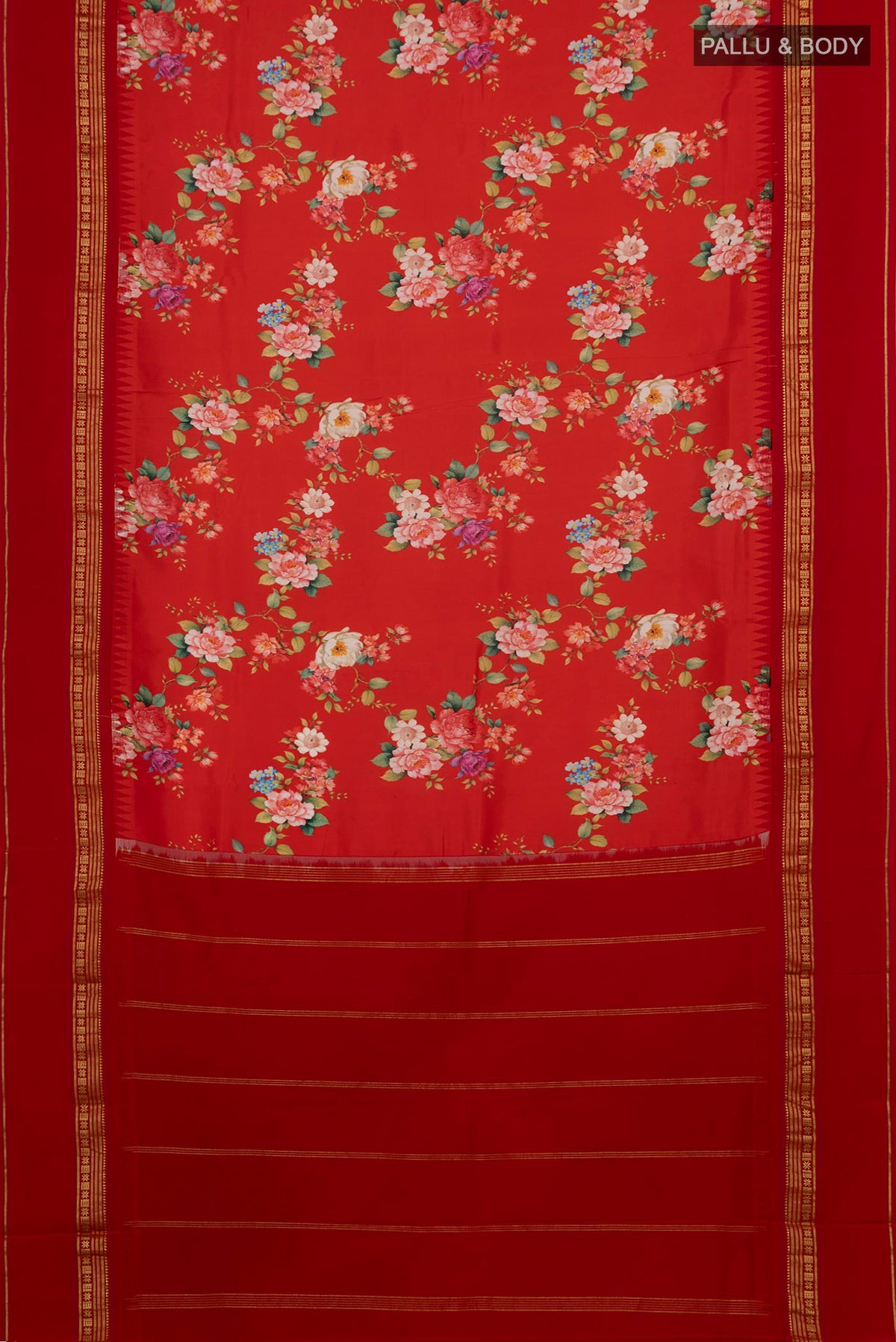 Flat view of Red Printed Silk Saree with Printed design on the body and Zari Border. 