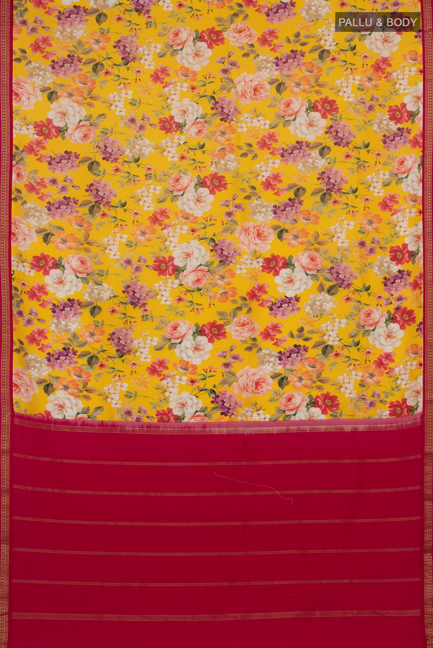 Flat view of Yellow Printed Silk Saree with Fancy on the body and Zari Border. 
