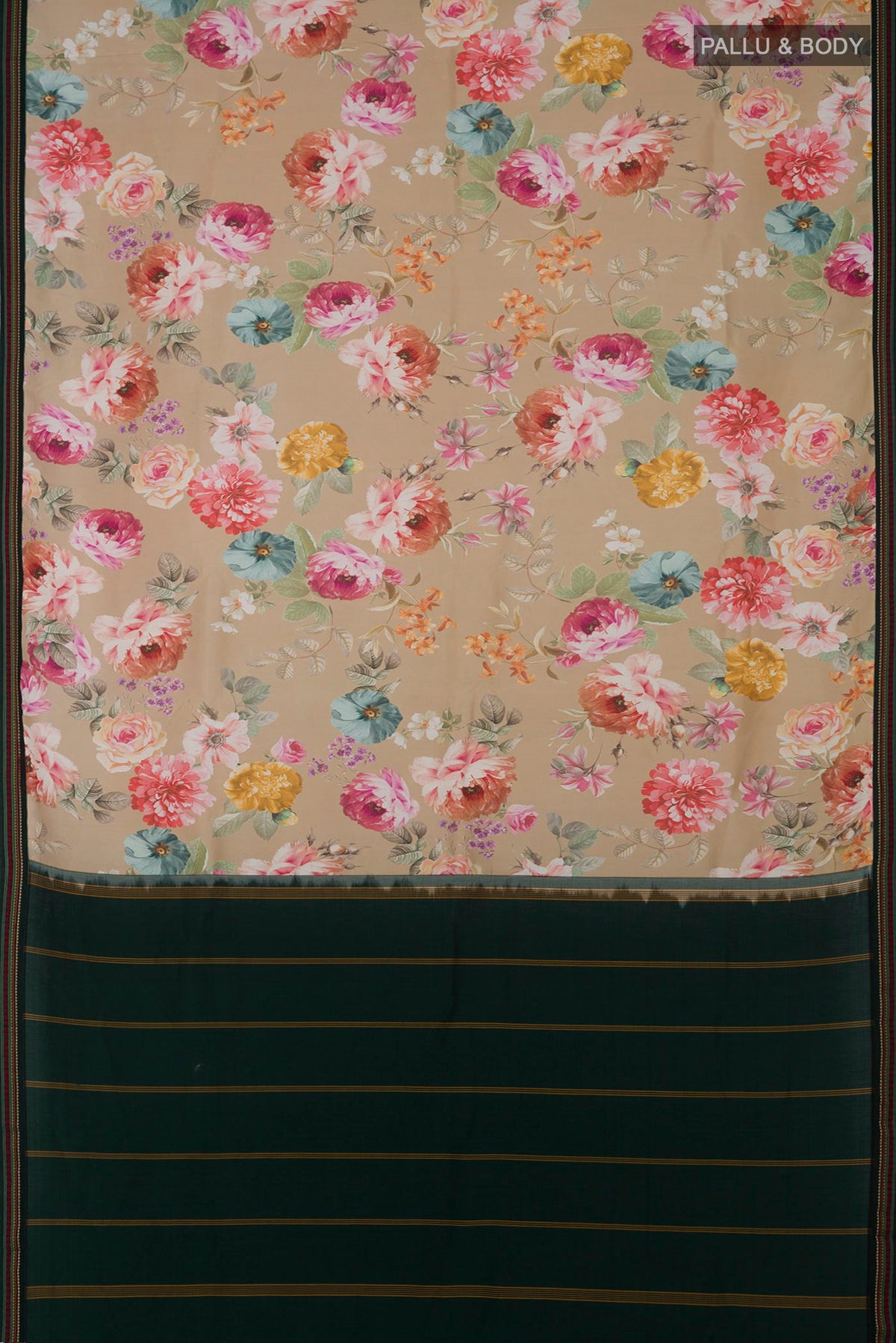 Flat view of Beige Printed Silk Saree with Printed design on the body and Thread Border. 