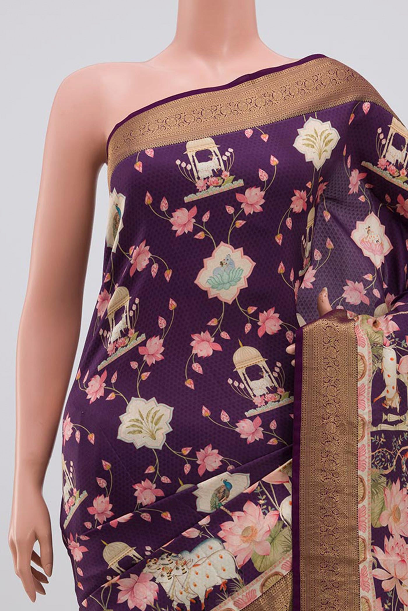 Border image of Purple Mysore Silk Saree with Floral Print on the body and Zari Border. 