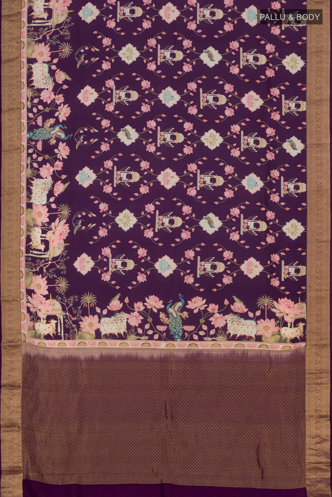 Flat view of Purple Mysore Silk Saree with Floral Print on the body and Zari Border. 