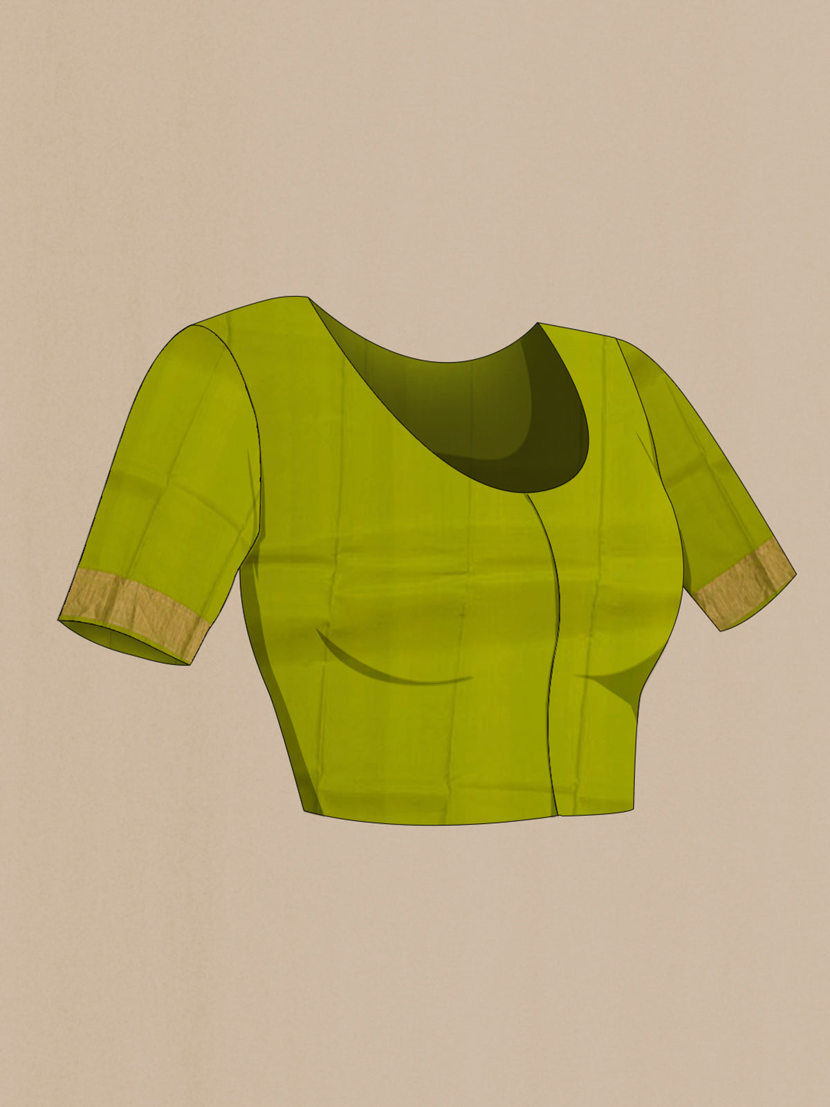 Close up image of the blouse of Light Green Printed Silk Saree with Printed design on the body and Zari Border. 