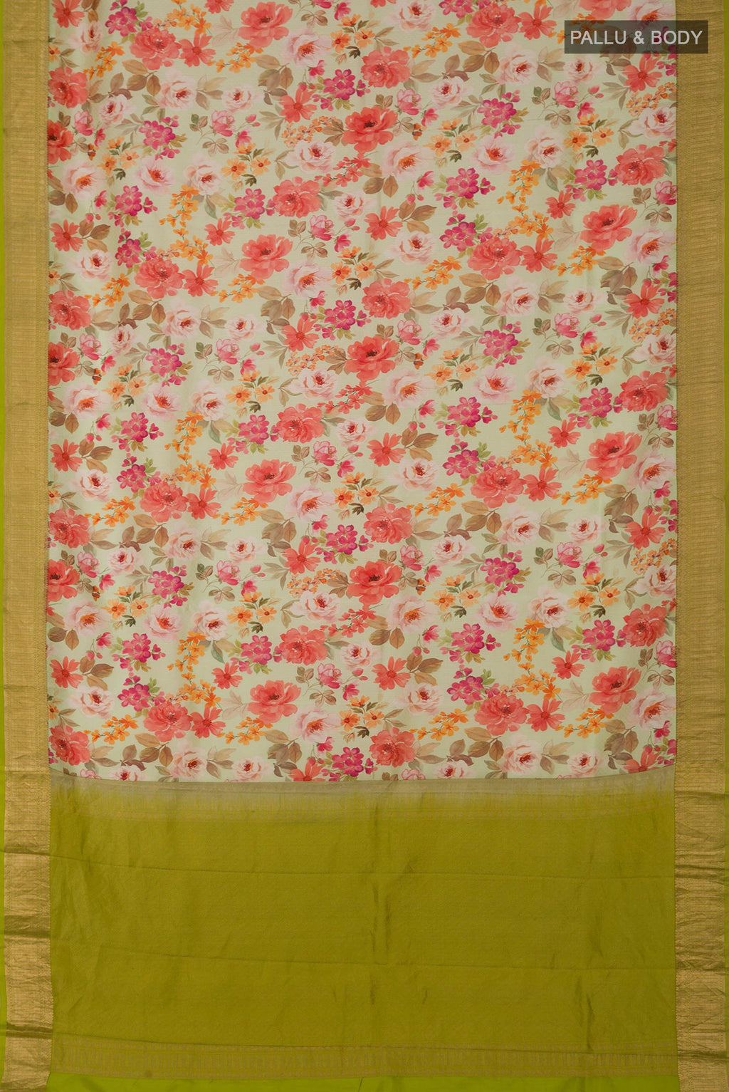 Flat view of Light Green Printed Silk Saree with Printed design on the body and Zari Border. 