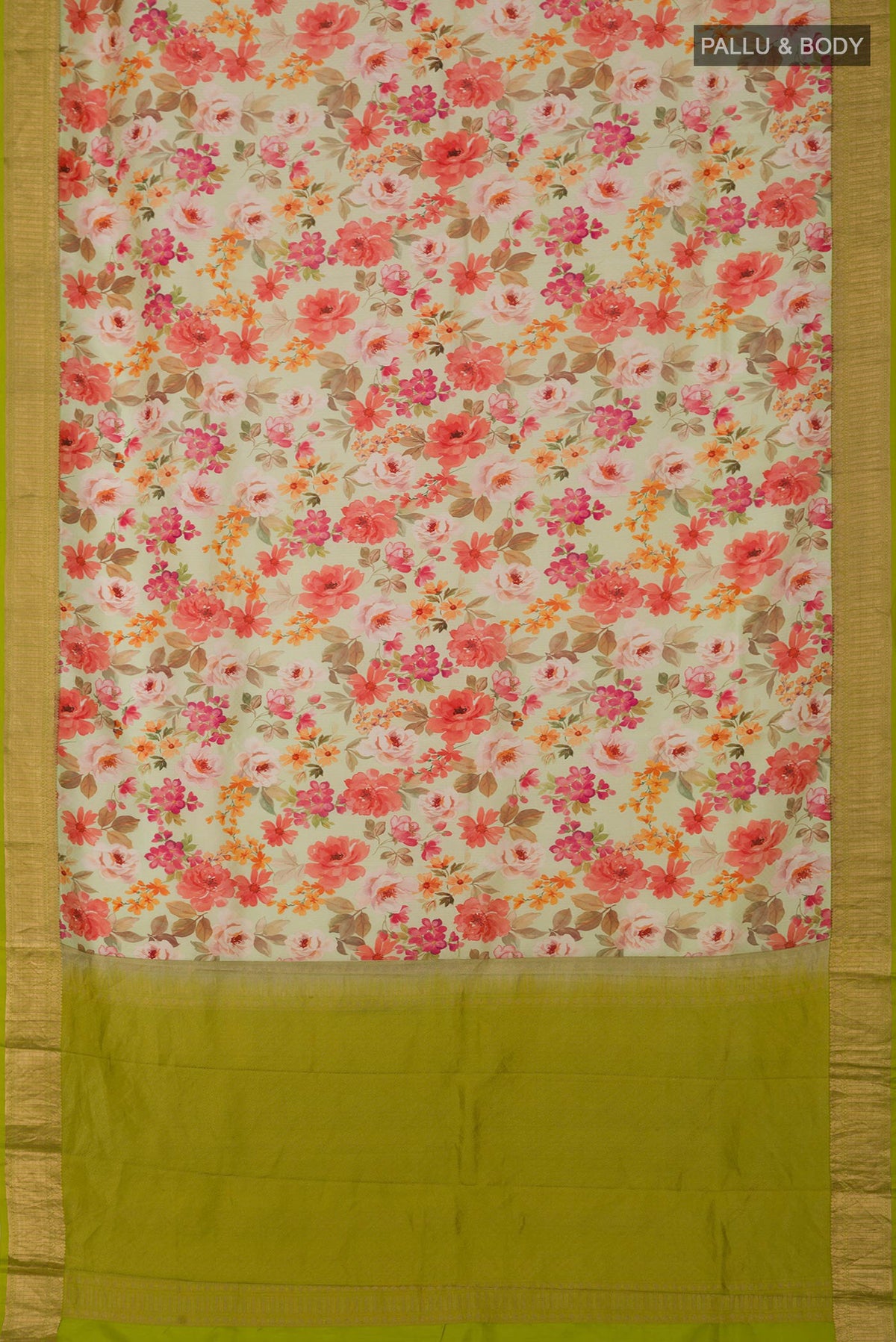 Flat view of Light Green Printed Silk Saree with Printed design on the body and Zari Border. 